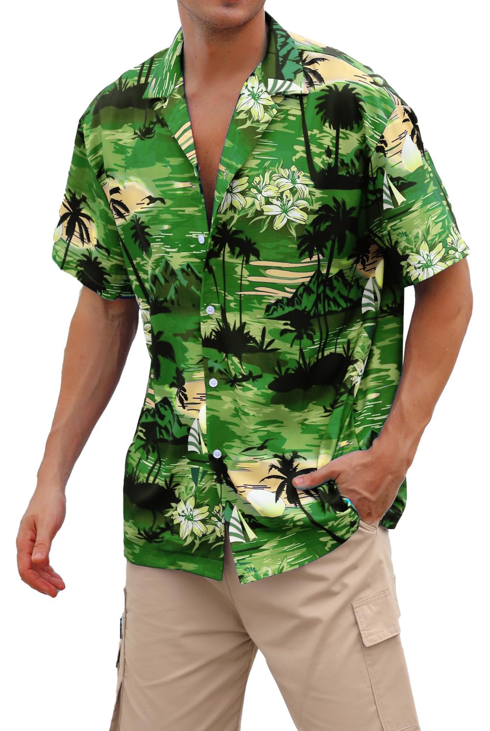 Camisa Verde Havaiana Cromante Para Homens De Manga Curta 4g