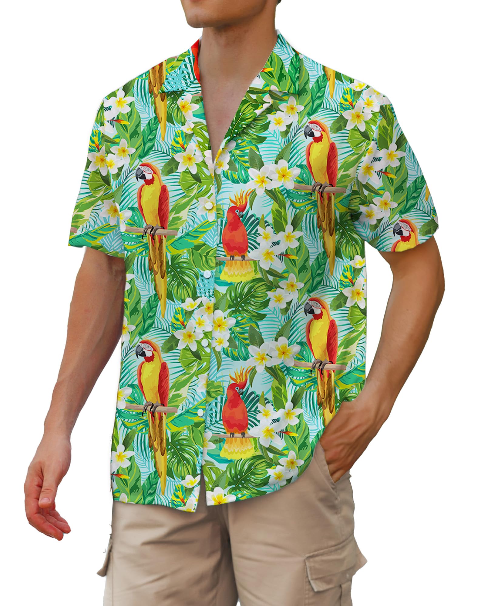 Camisa Cromoncent Havaiana Para Homens De Manga Curta Verde Pássaro