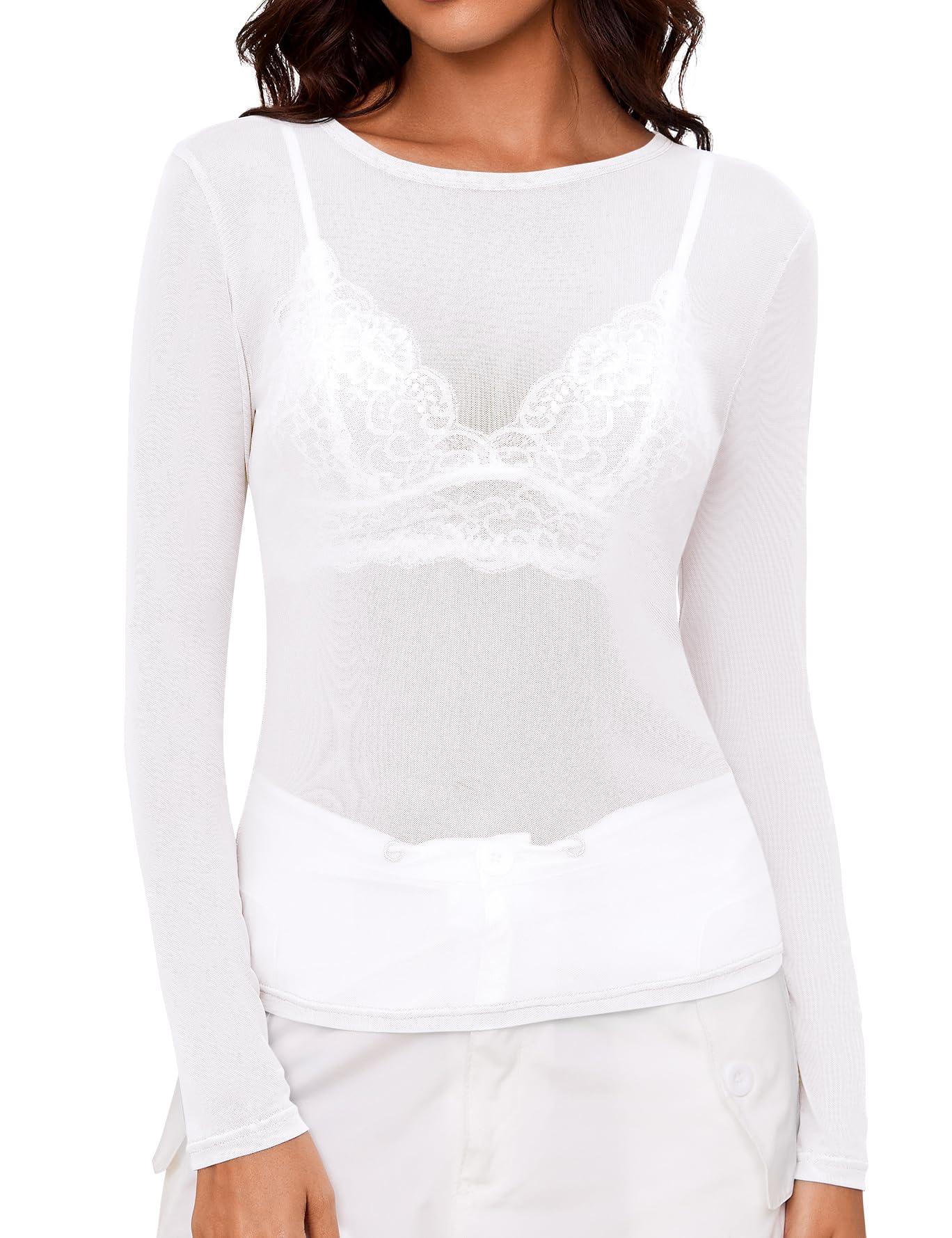 Top Akewei Mesh, Transparente, Manga Comprida, Gola Redonda, Renda Feminina, Branca