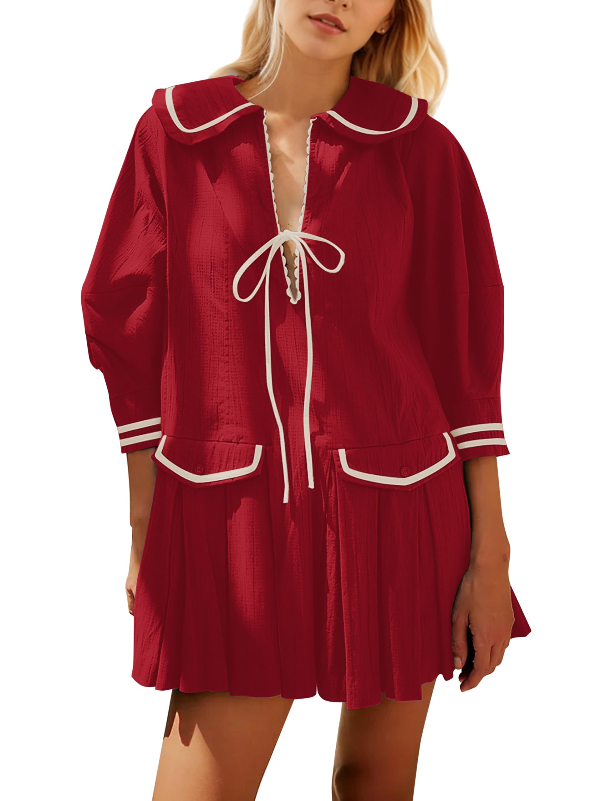 Mini Vestido Feminino Icobid, Fofo, Gravata Borboleta, Com Frente Aberta, Vermelho