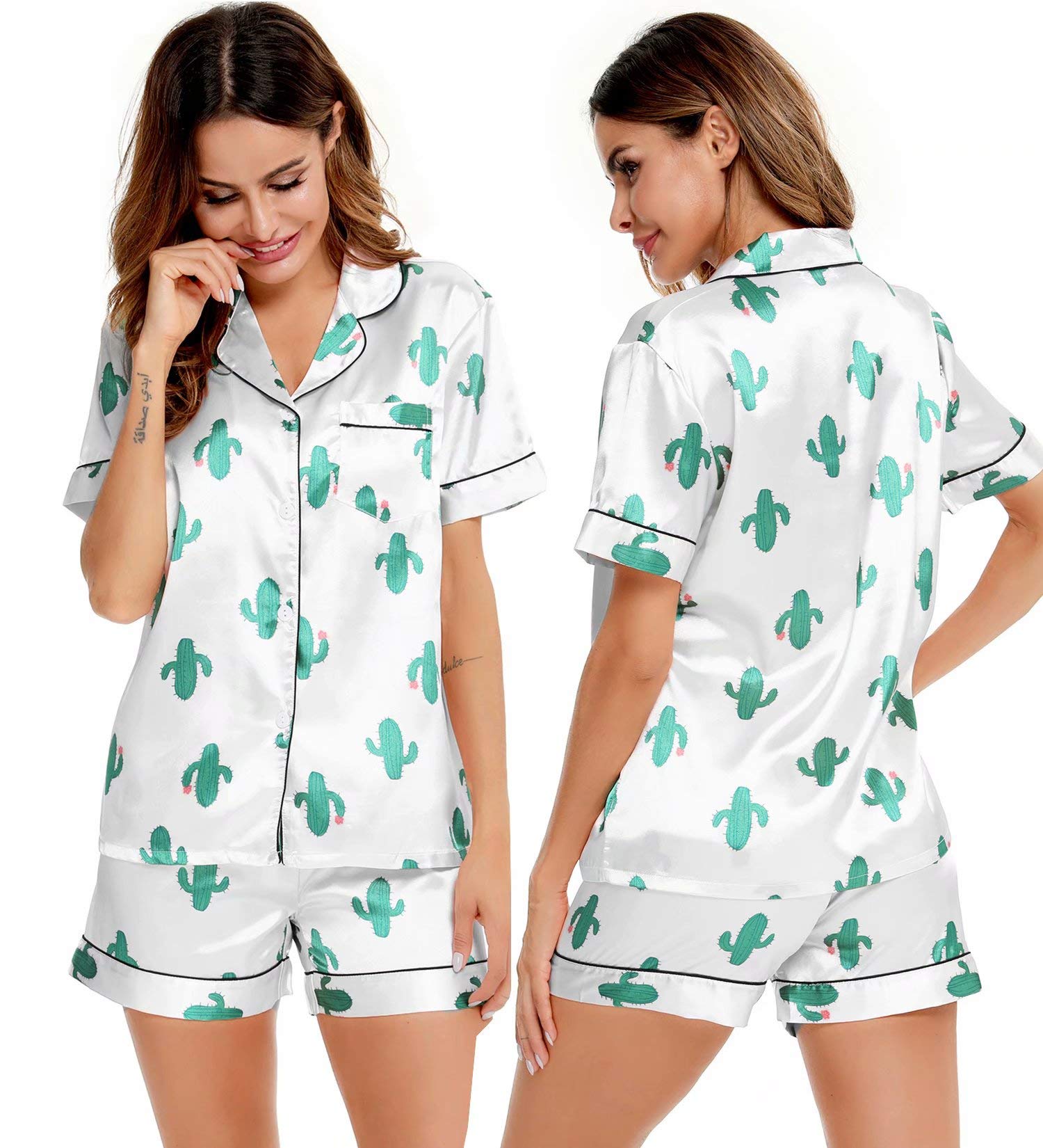 Conjunto De Pijamas Swomog, Roupa De Dormir De Manga Curta Feminina, Cetim