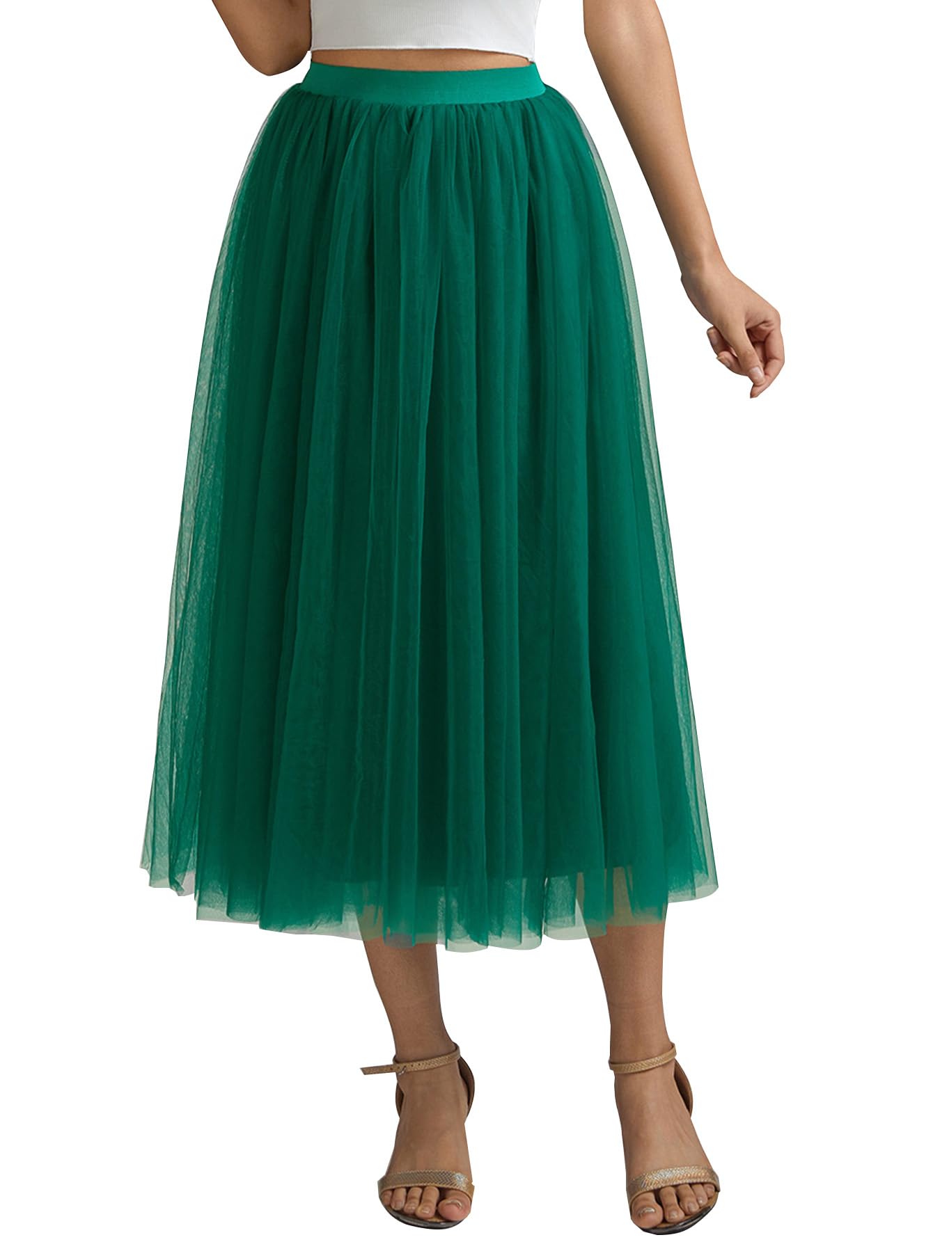 Saia Aiberlisha A-line, Comprimento De Chá, Tule, Verde Escuro