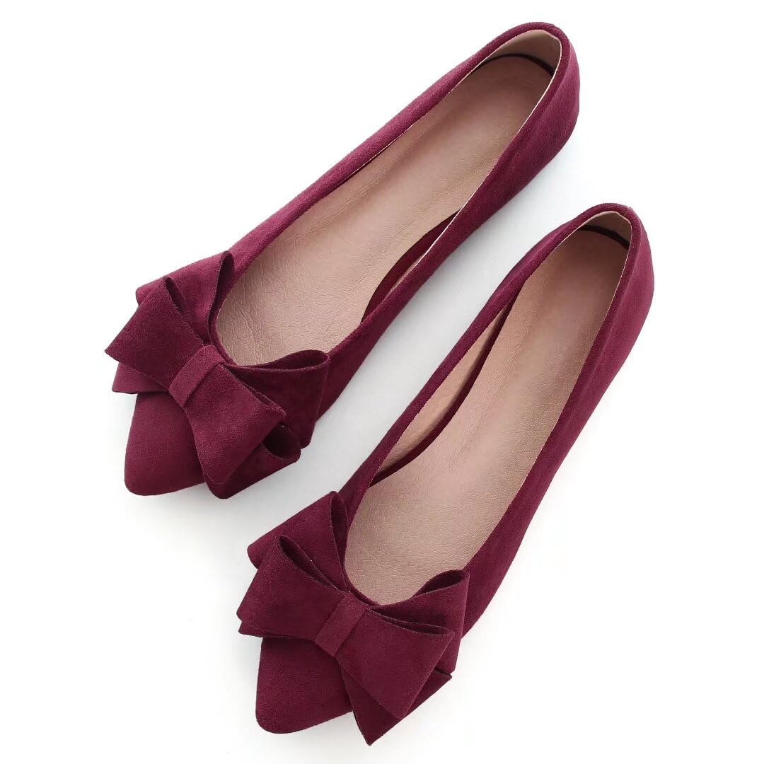 Ballet Flats Tn Tangnest Para Mulheres, Vinho, Camurça Vermelha, Bico Pontudo