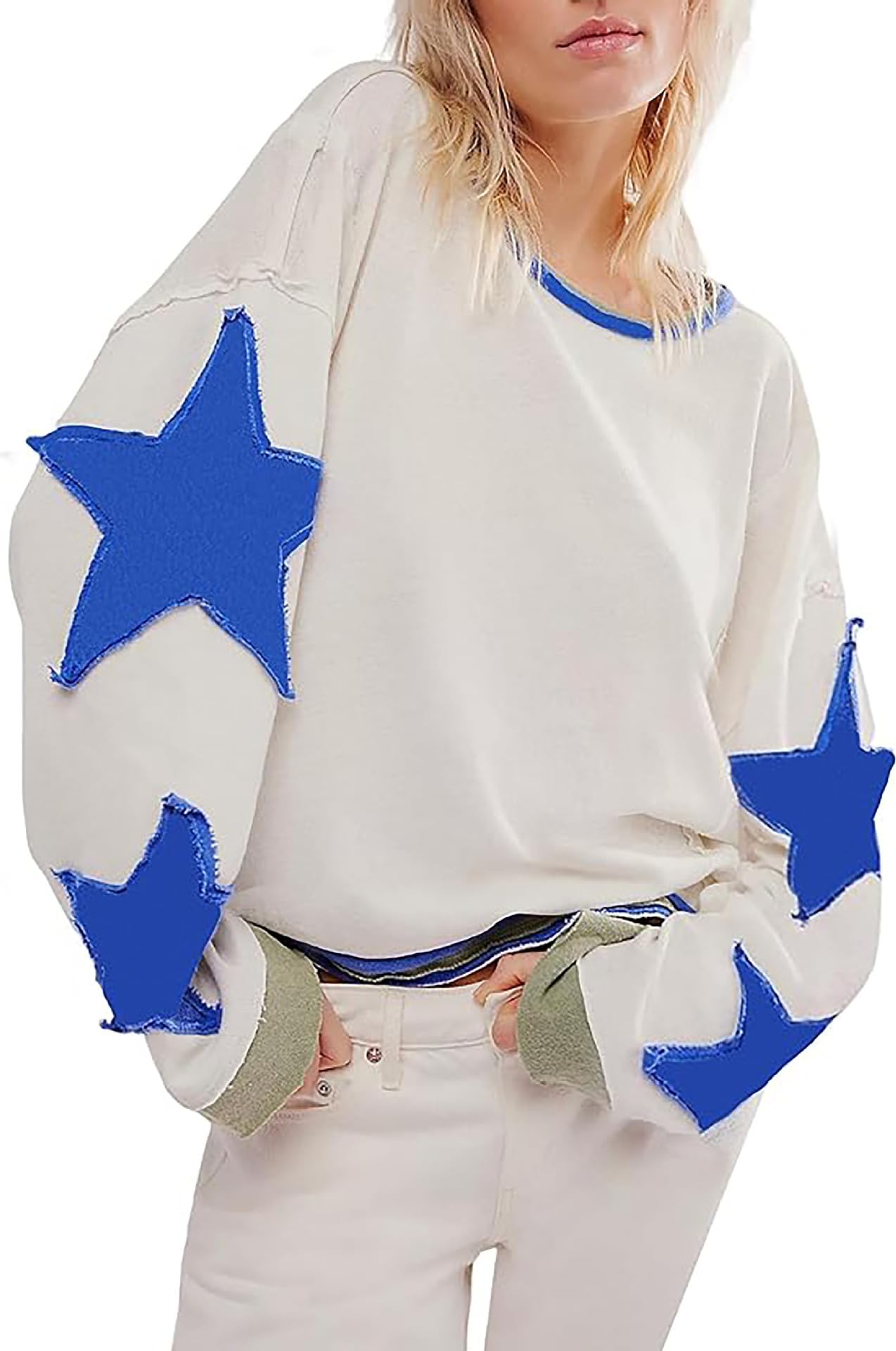 Moletom Utcoco Oversized Para Mulheres Com Estampas De Estrelas - Branco E Azul