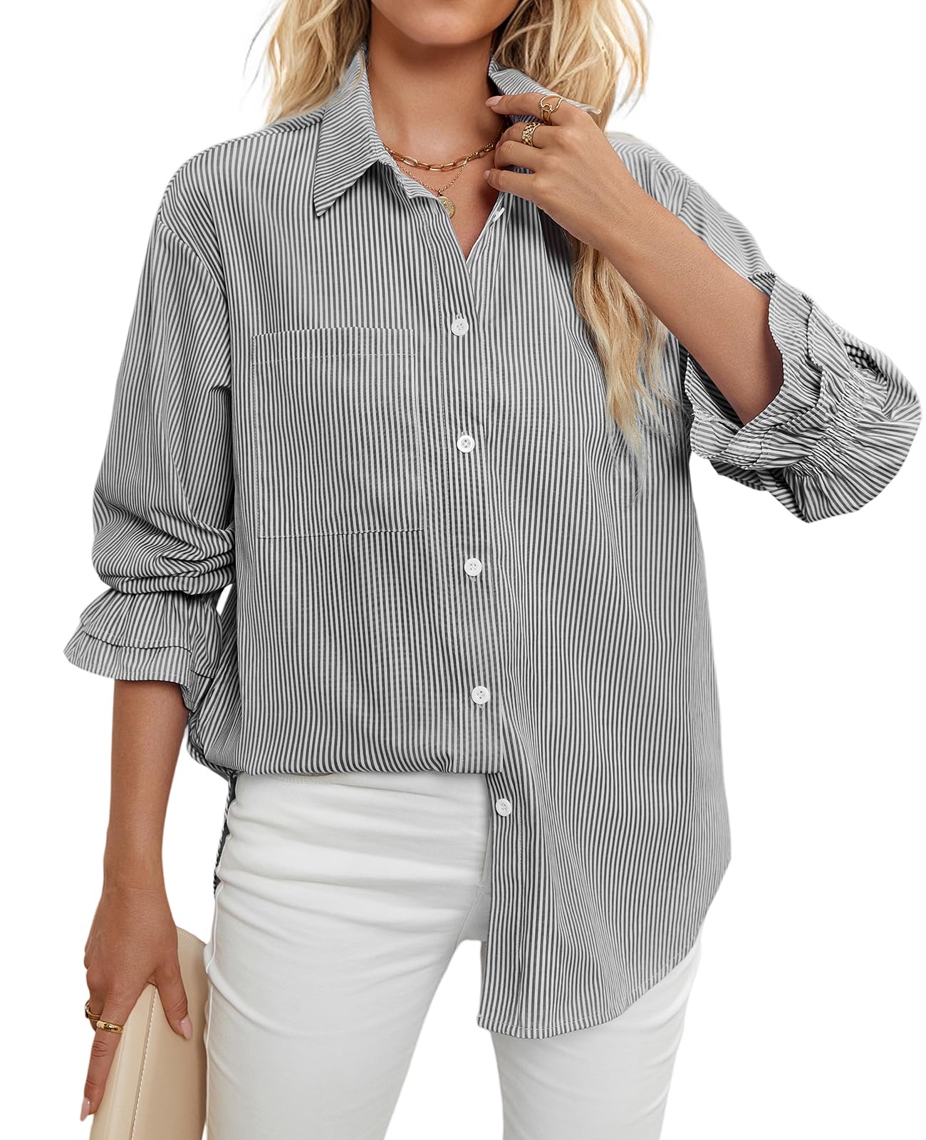 Camisa Feminina Who In Shop Listrada Com Botões Preta E Branca L