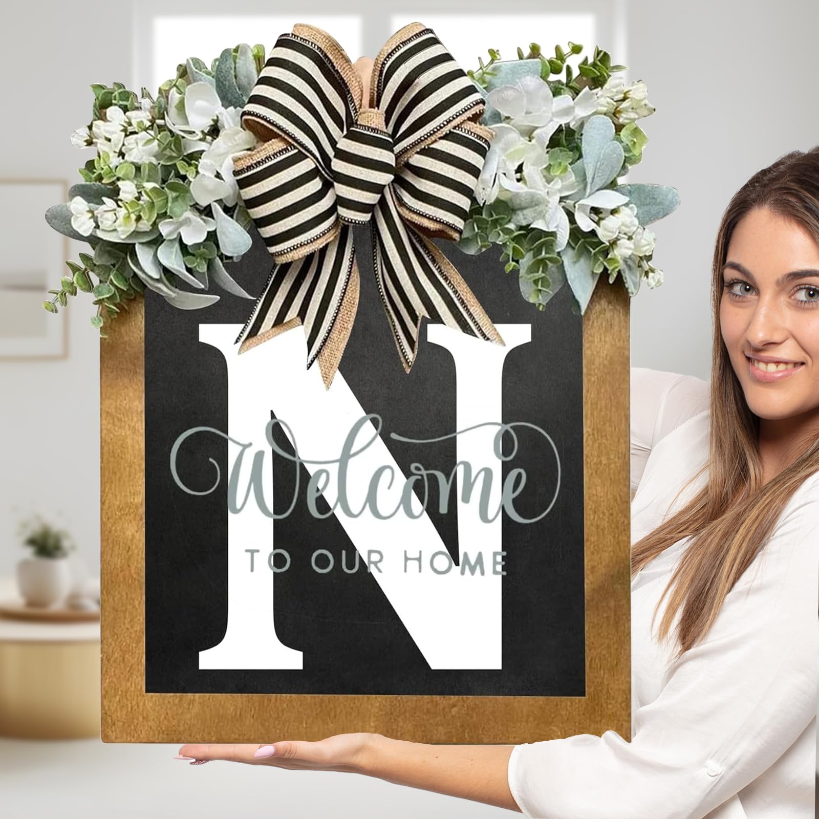 Sobrenome Da Placa De Boas-vindas Para Porta Frontal Com Guirlanda De Eucalipto