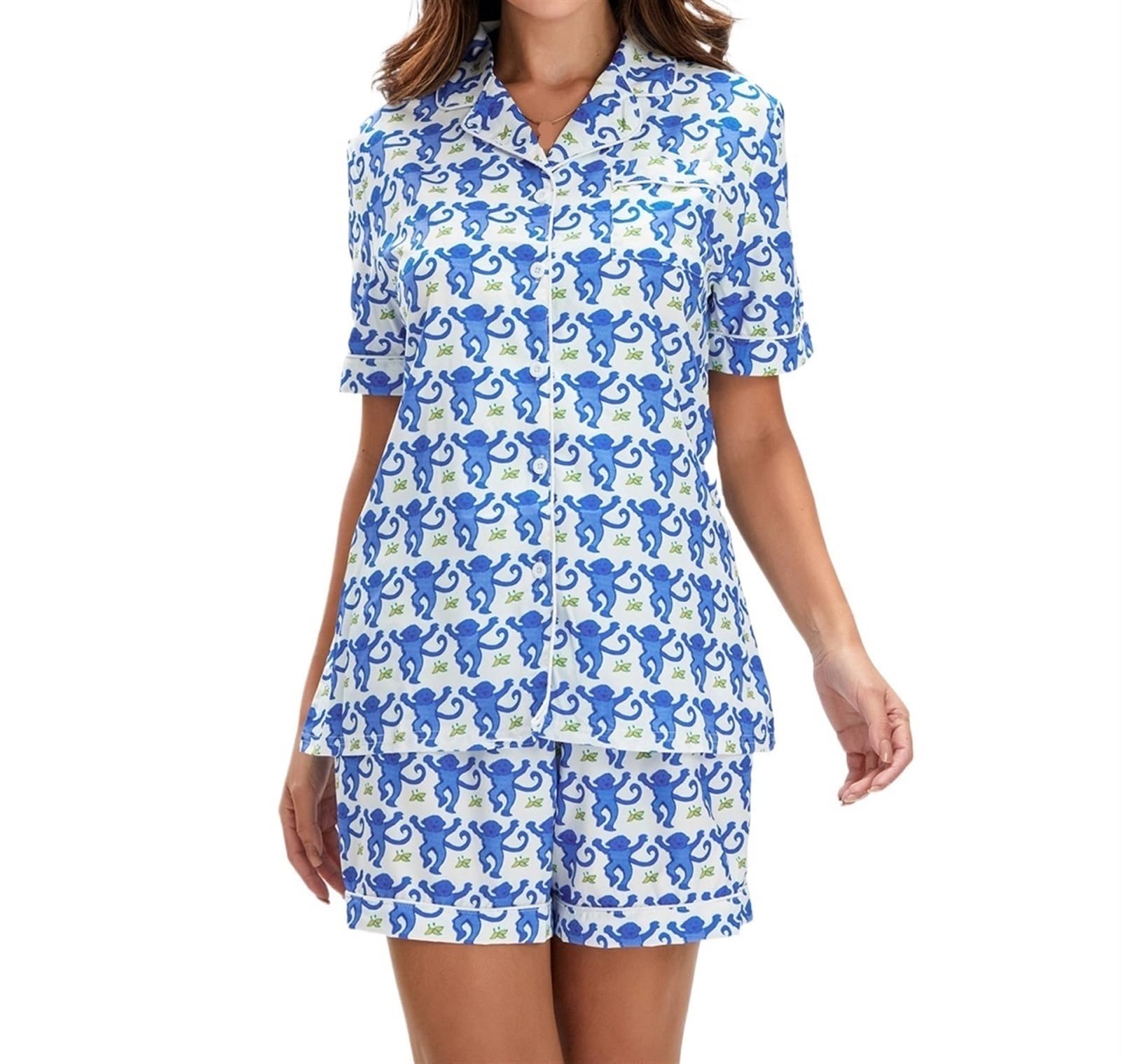 Conjunto De Pijamas Femininos Liuyanfengz Com Estampa De Frutas, Mangas Curtas, Azul