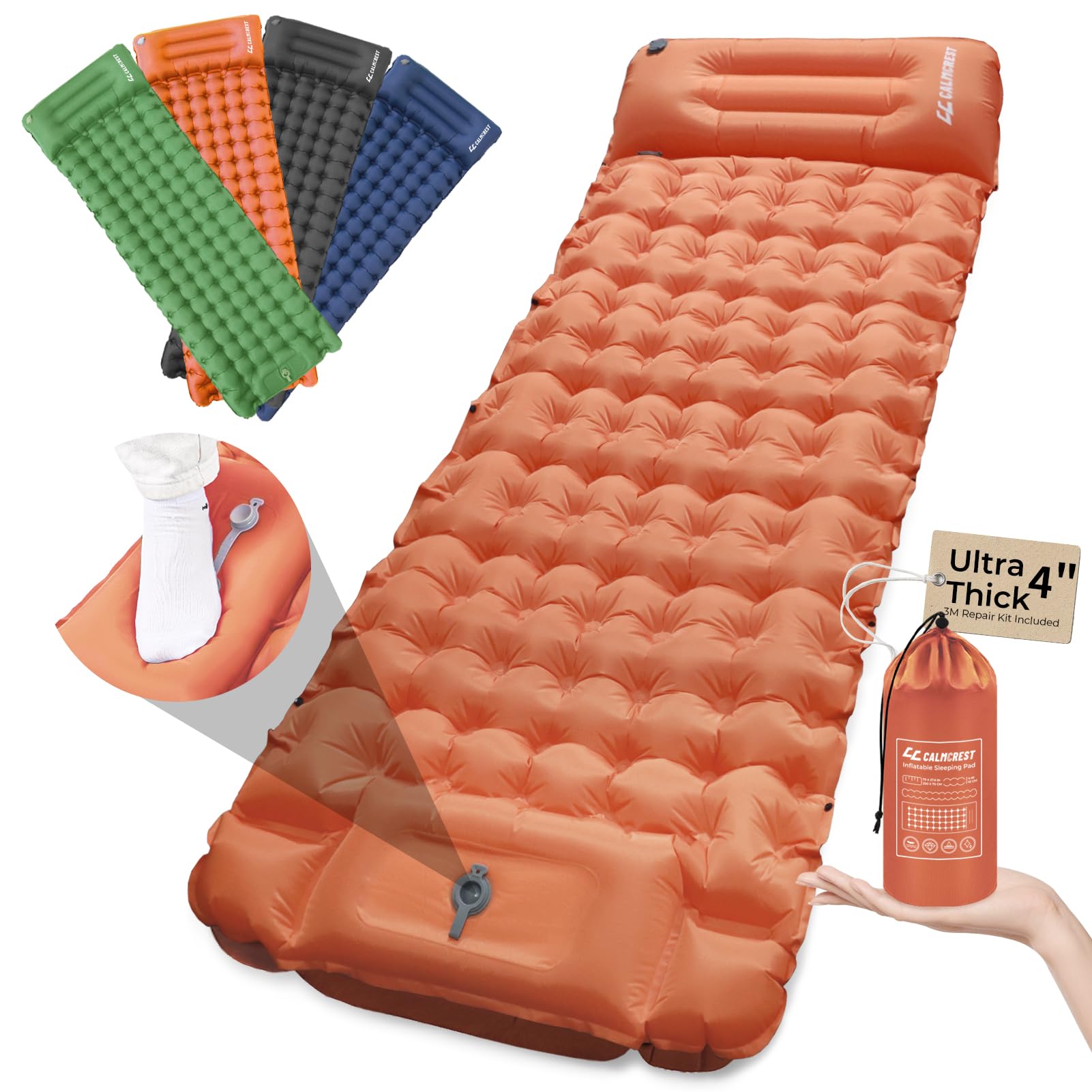 Almofada De Dormir Calmcrest Ultralight Inflável Com Travesseiro Laranja