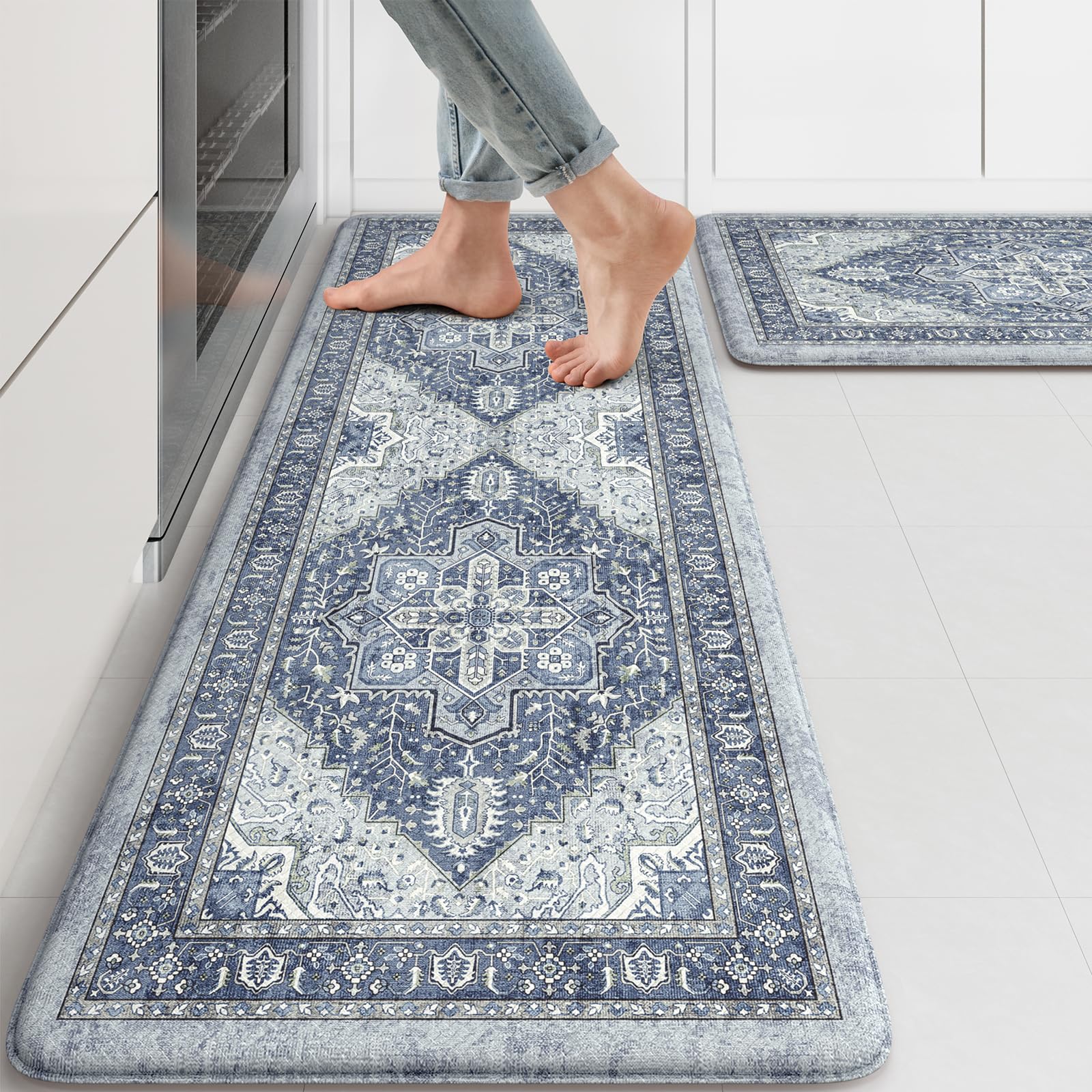 Tapete De Cozinha Kimode Anti Fatigue 2 Peças Azul Marinho 43x120+43x74cm