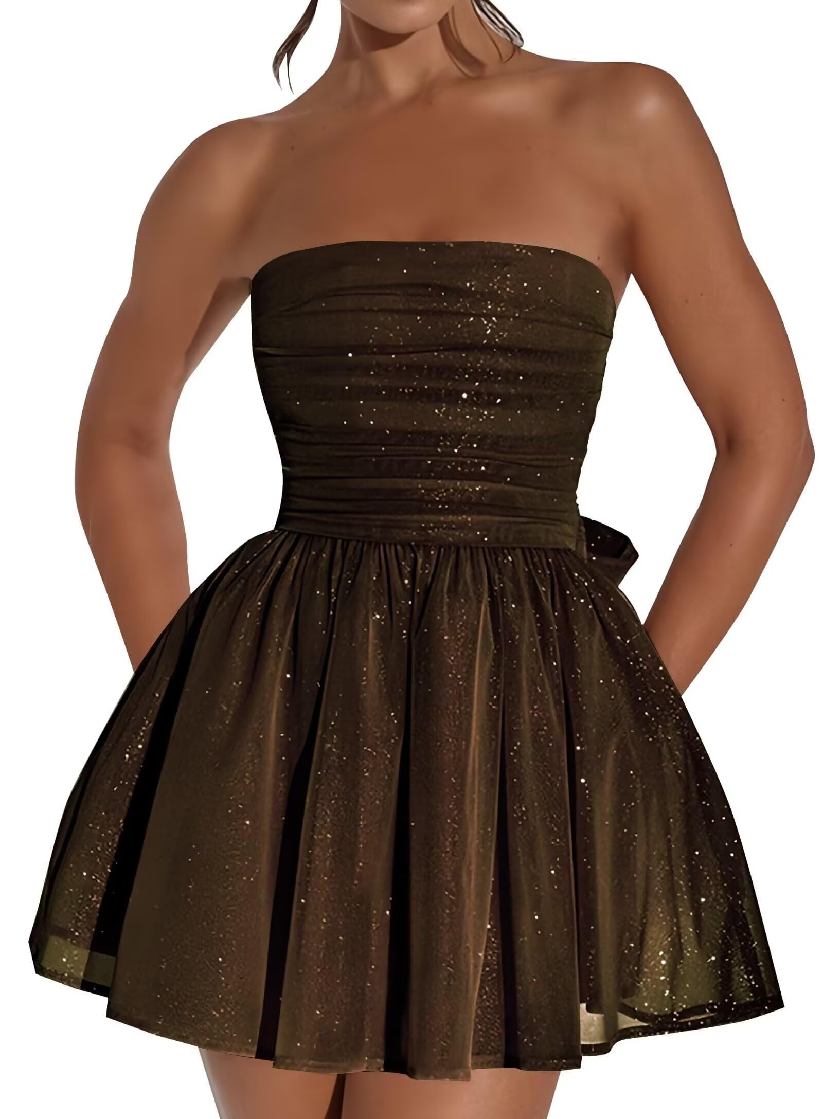 Vestido De Boas-vindas Blawhee Glitter Tule Sem Alças Dourado Preto