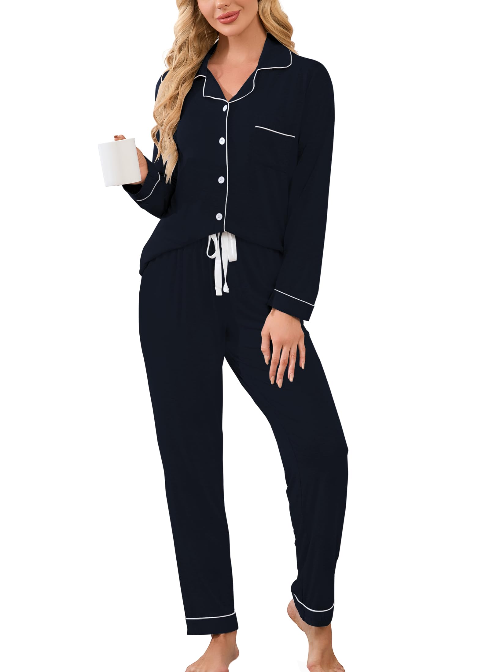 Conjunto De Pijamas Femininos Evaimizill De Manga Comprida Com Botões Azul Marinho