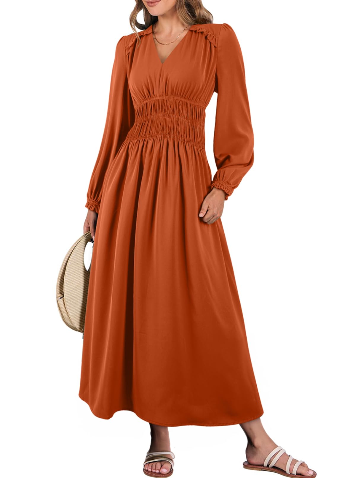 Vestido Feminino Blencot, Casual, Babado, Decote Em V, Em Camadas, Laranja Escuro