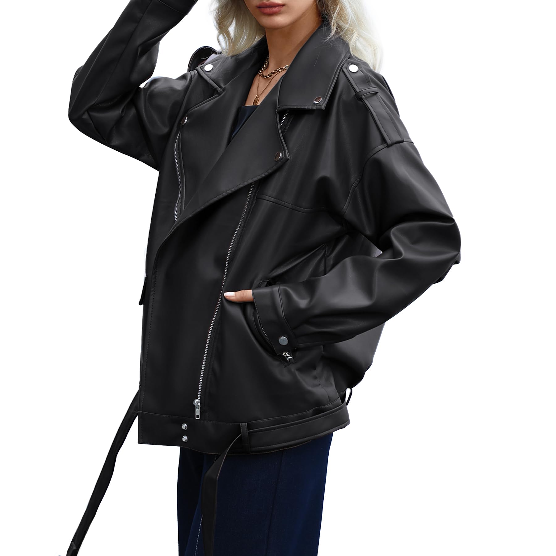 Jaqueta De Couro Zando Black Oversize Motorcycle Women Xl