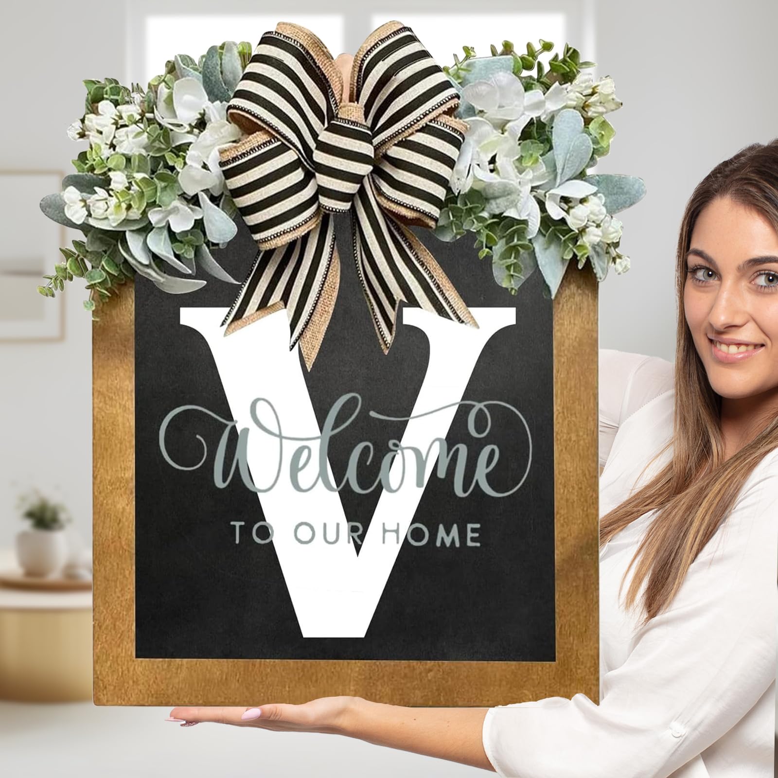 Sobrenome Da Placa De Boas-vindas Para Porta Frontal Com Guirlanda De Eucalipto