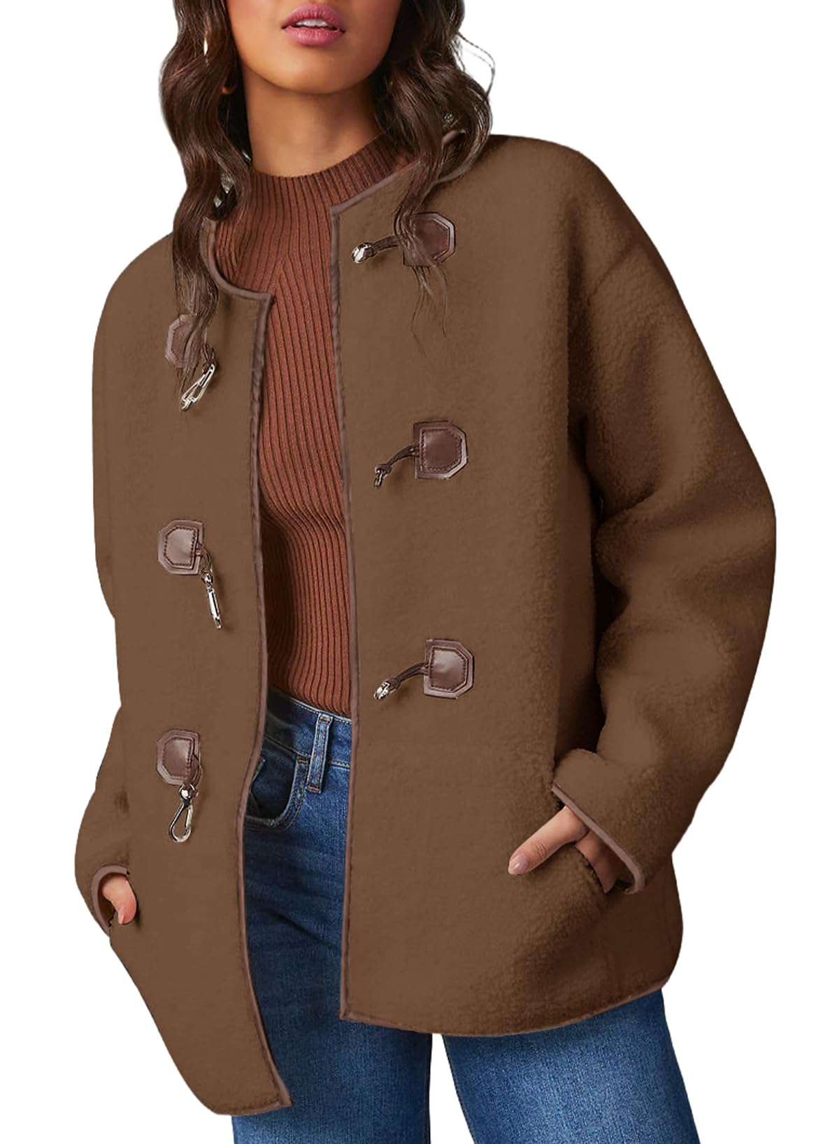 Casaco Dokotoo Feminino Moda Outono Inverno Faux Shearling Brown