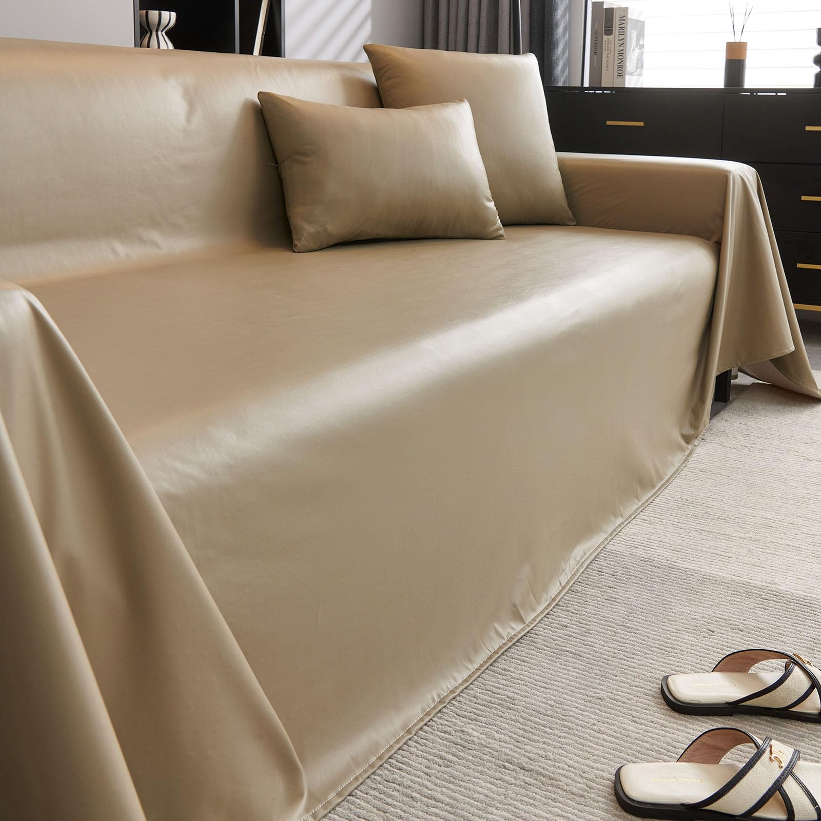 Capa De Sofá Vctops Impermeável De Couro Sintético Pu 180x180cm Champagne