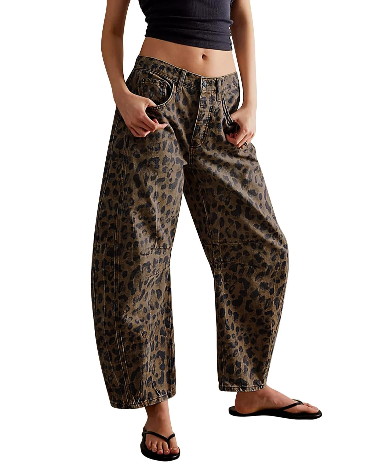 Jeans Safrisior Leopard Barrel Para Mulheres De Cintura Média Com Estampa De Chita, Calças Jeans Largas, Y2k Boyfriend, Perna Larga, Com Bolsos