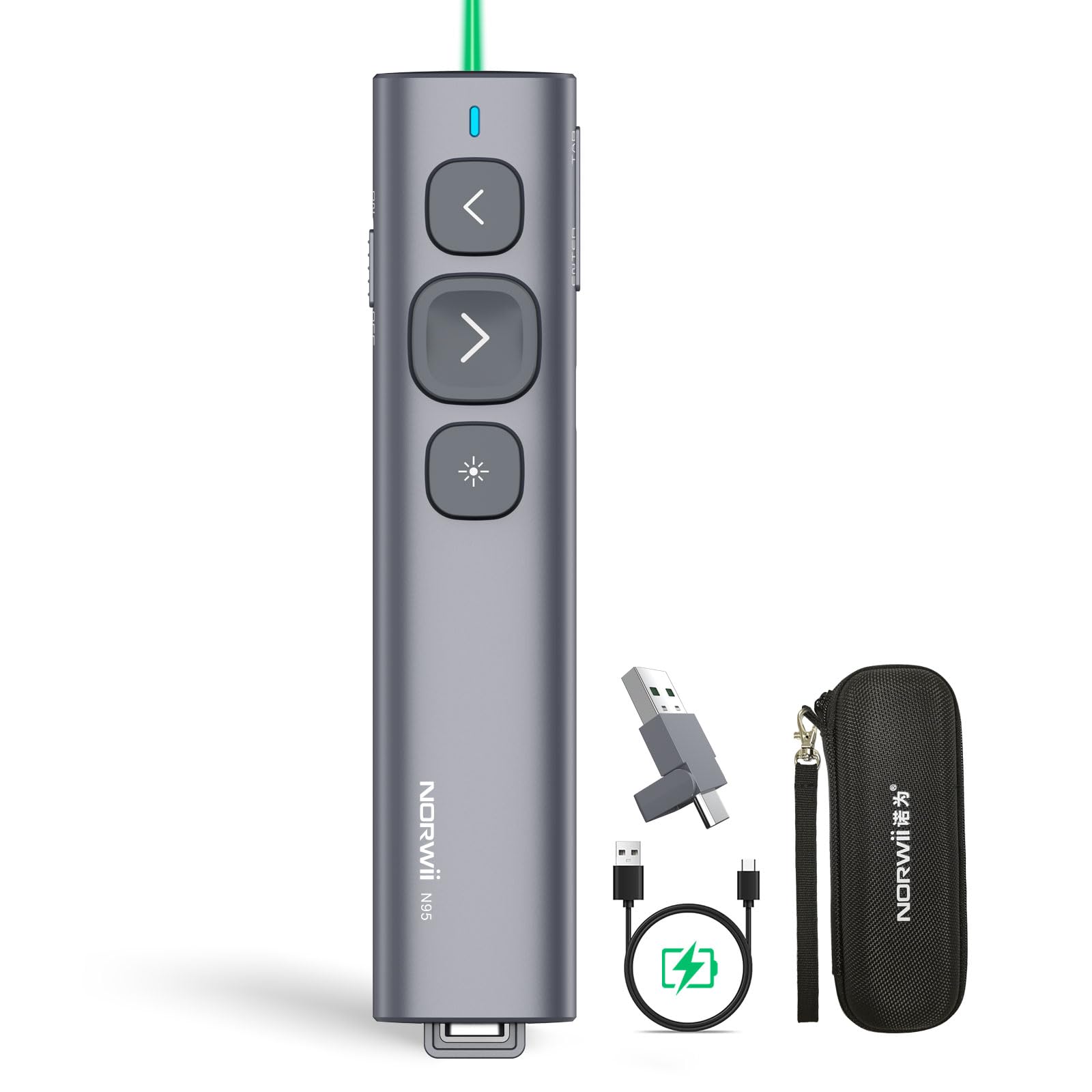 Apresentador Sem Fio Norwii N95 Com Ponteiro Laser Verde Usb-c