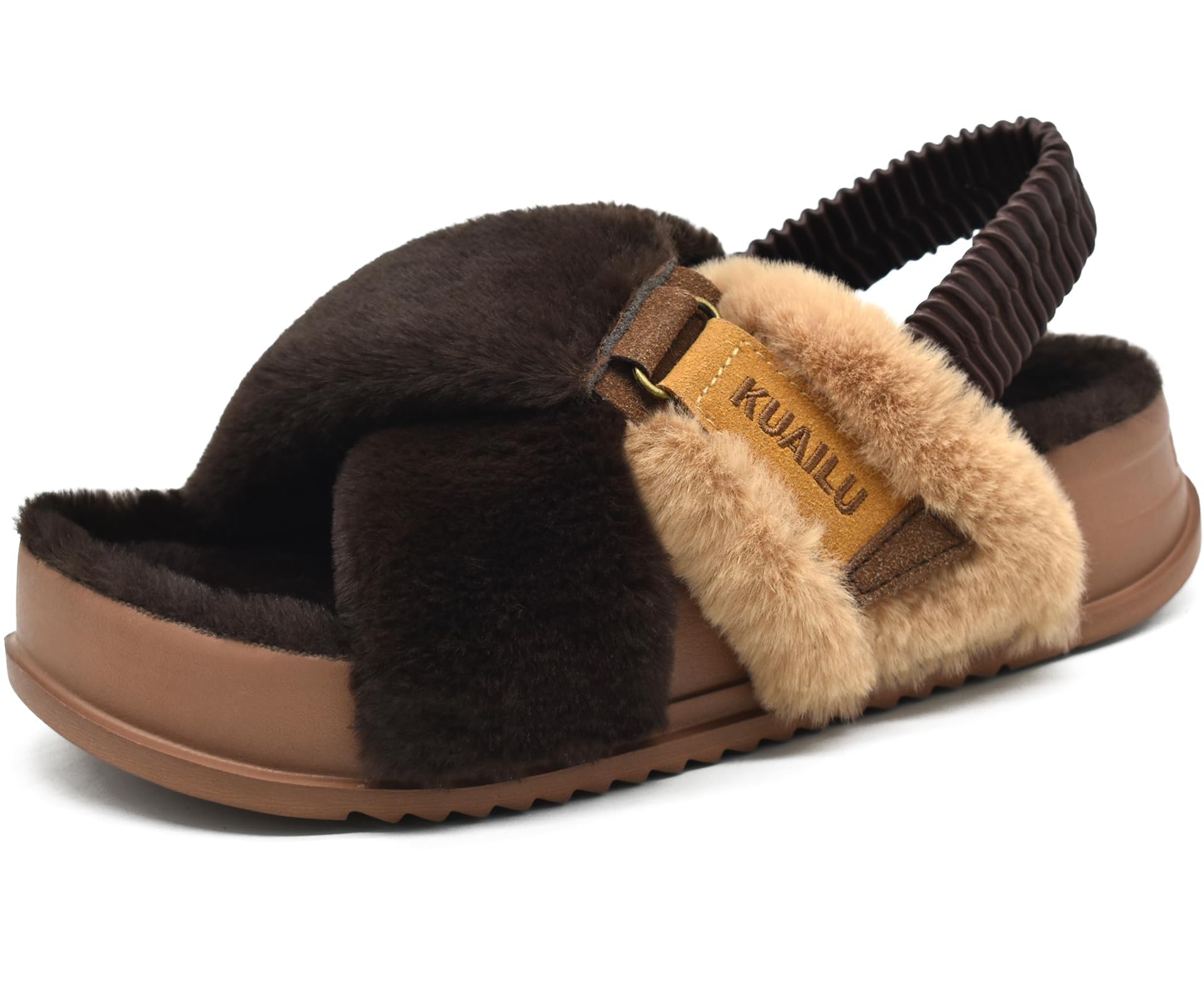 Chinelos Femininos Kuailu Fuzzy Criss Cross Platform Brown 7