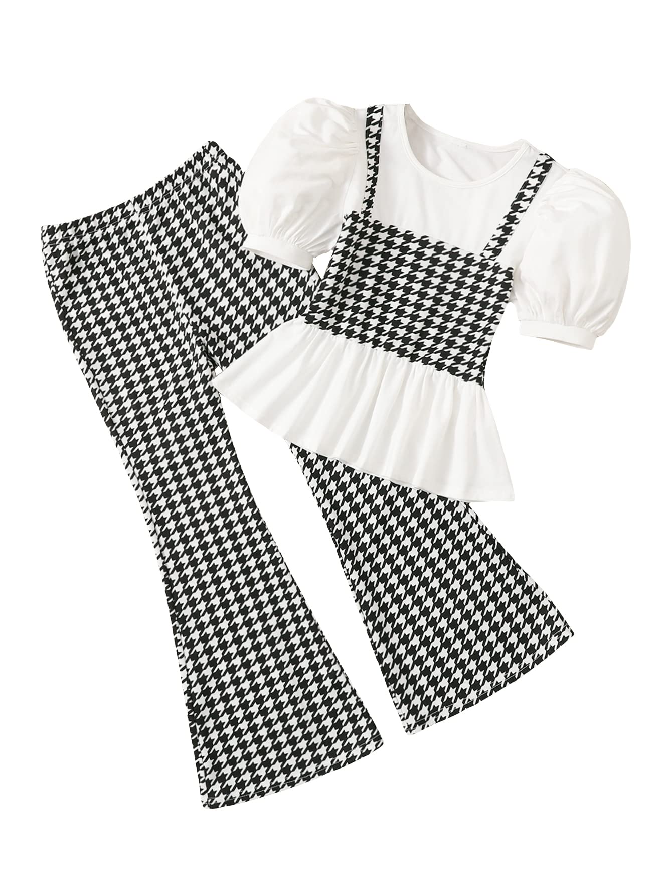 Camiseta E Calça Femininas De Manga Folhada Da Outfit Milumia Houndstooth 8y