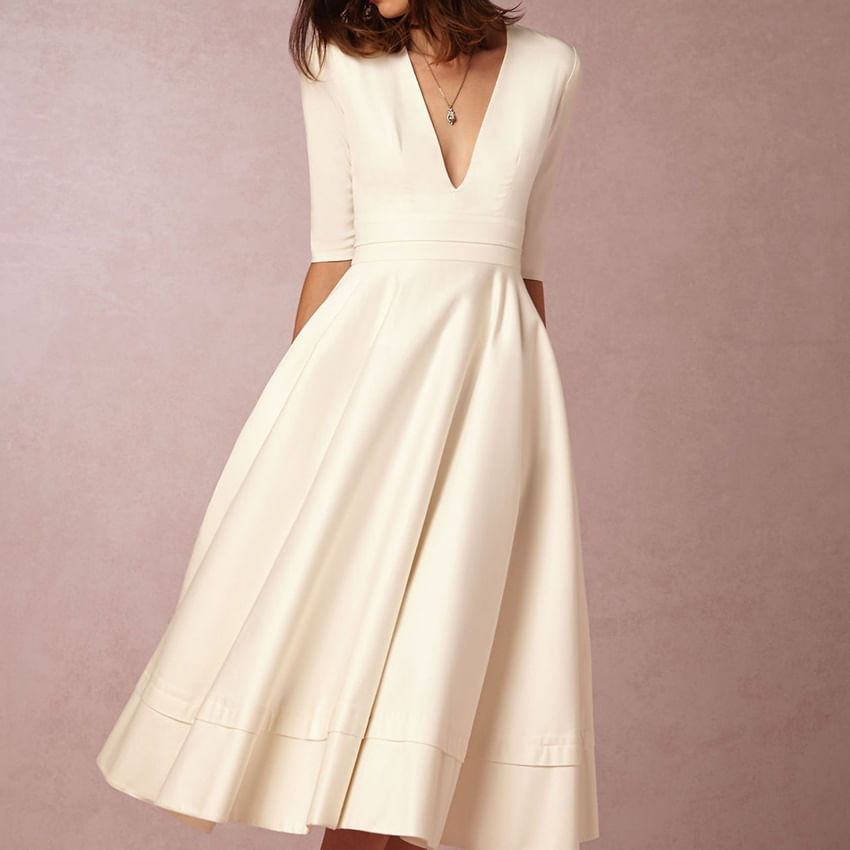 E-thinker Feminino V Pescoço Meia Manga Vestido De Escritório - Bege Xx