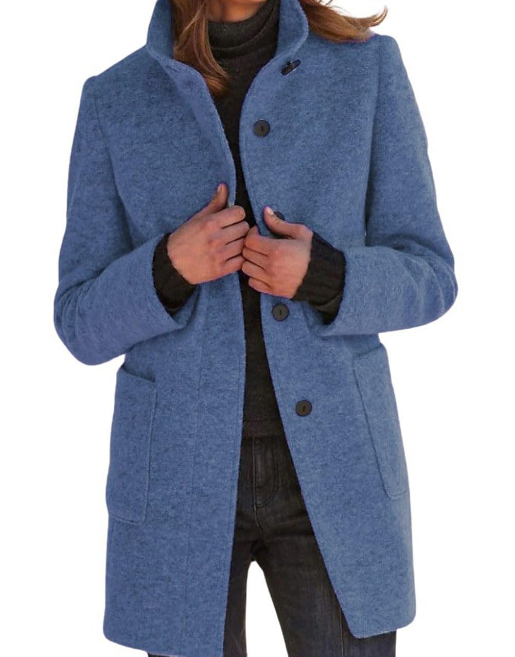 Casaco De Ervilha Chartou Feminino, Mistura De Lã De Inverno, Gola Alta, Azul