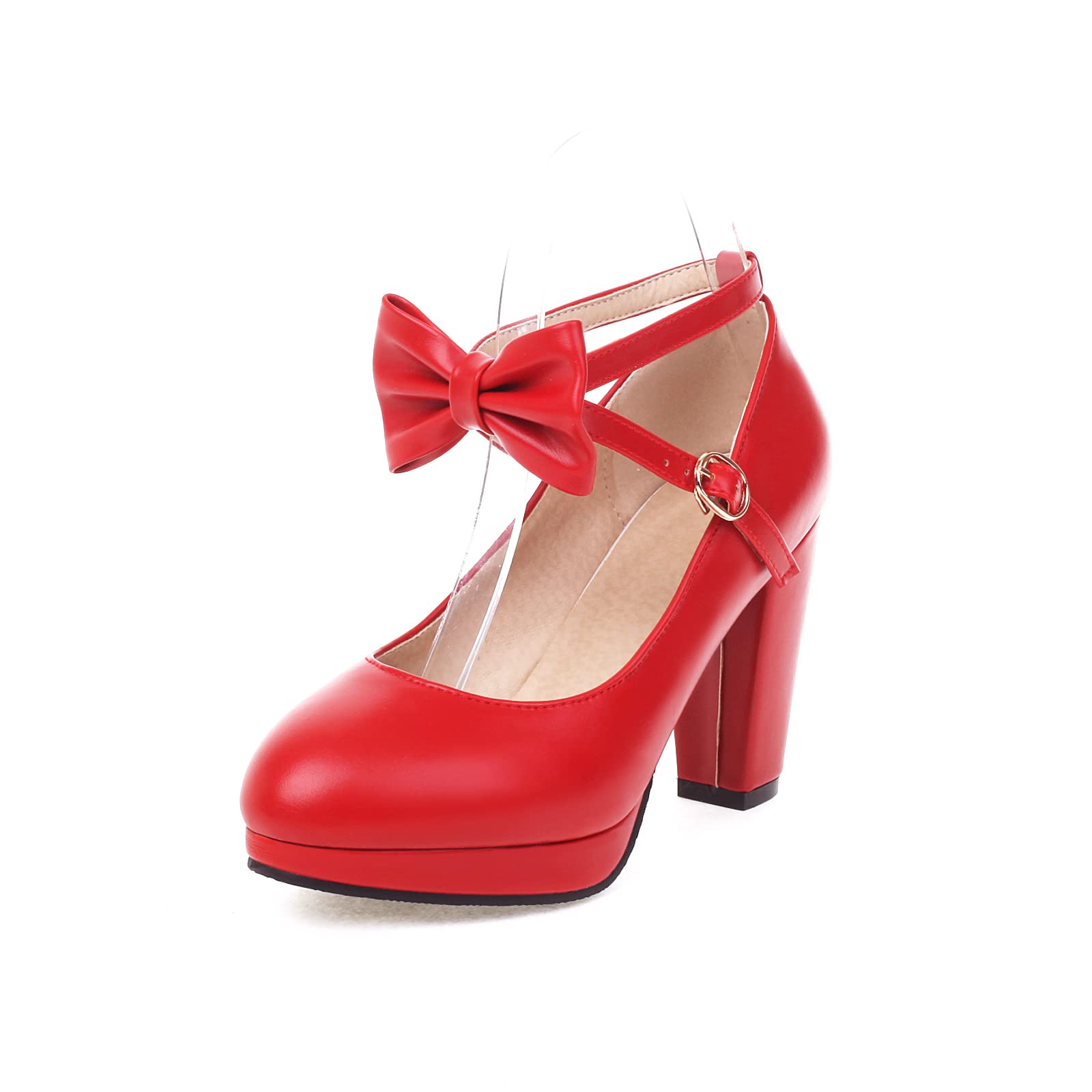Sapatos De Couro De Salto Alto Foremode Bow Mary Jane Para Mulheres