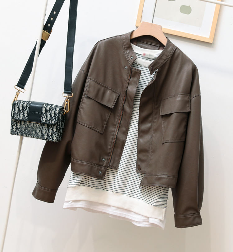 Stand Collar Pu Couro Jaqueta Curta-café Profundo S