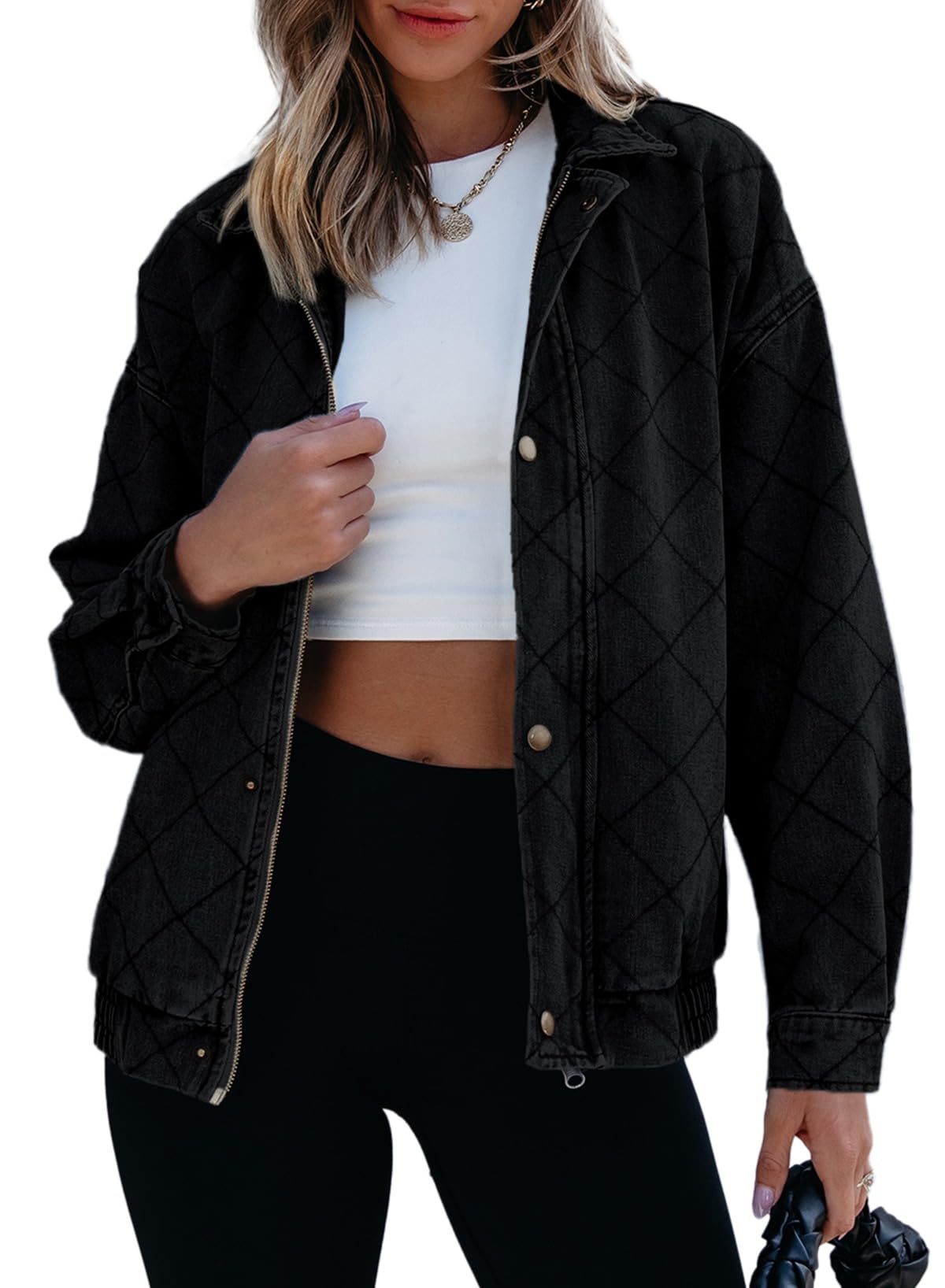 Jaqueta Jeans Feminina Sidefeel, Manga Comprida, Tamanho Grande, Preta