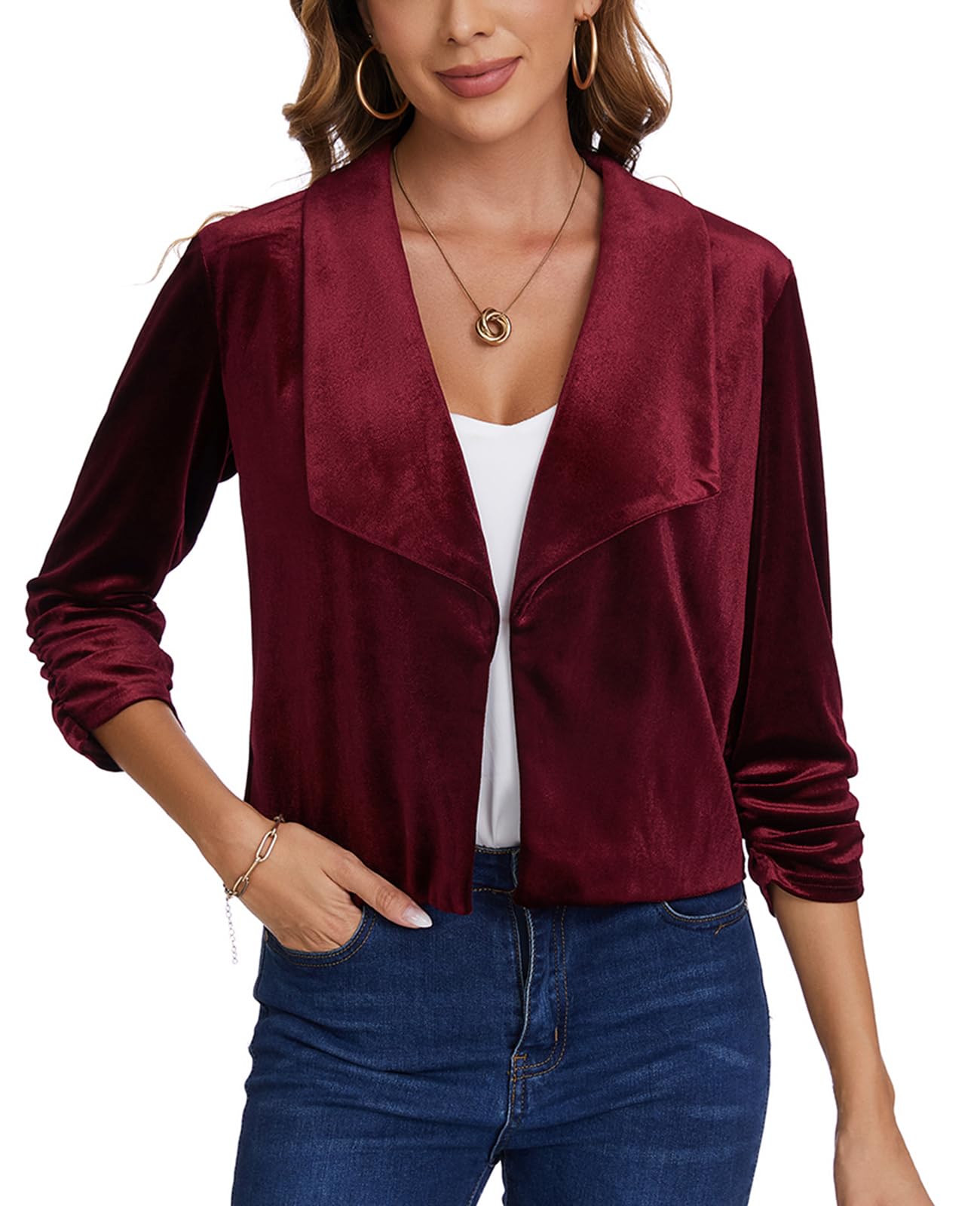 Blazer Feminino Mintlimit, Casual, Veludo, Drapeado, Lapela, Vinho Tinto