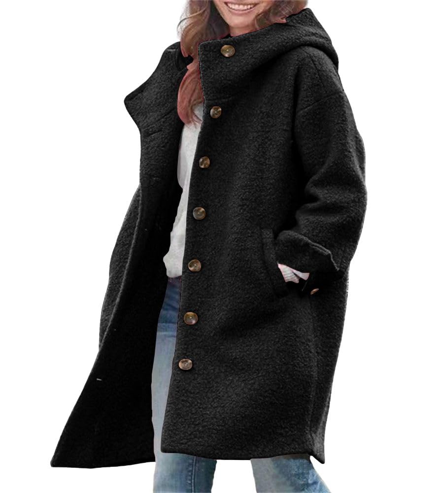 Casaco Chouyatou Feminino Misto De Lã De Inverno Com Capuz Preto Gg