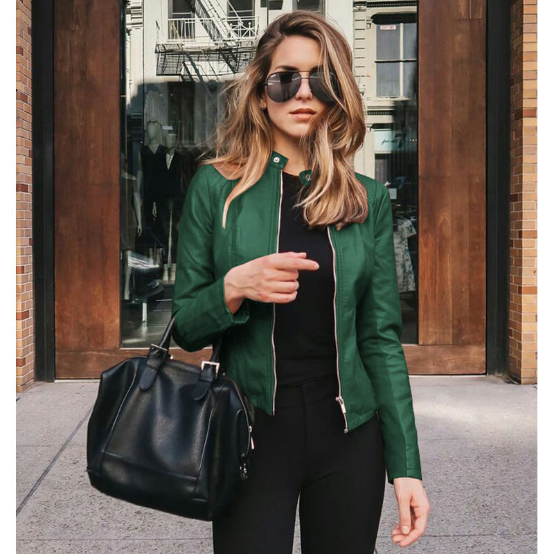 Moda Mulheres Outono-inverno Pu Couro Pequeno Terno Casaco-verde