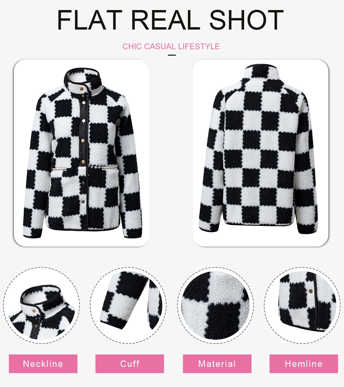 Jaqueta Feminina Shewin, Outono De 2024, Xadrez, Com Botão De Lã, Sherpa, Preta