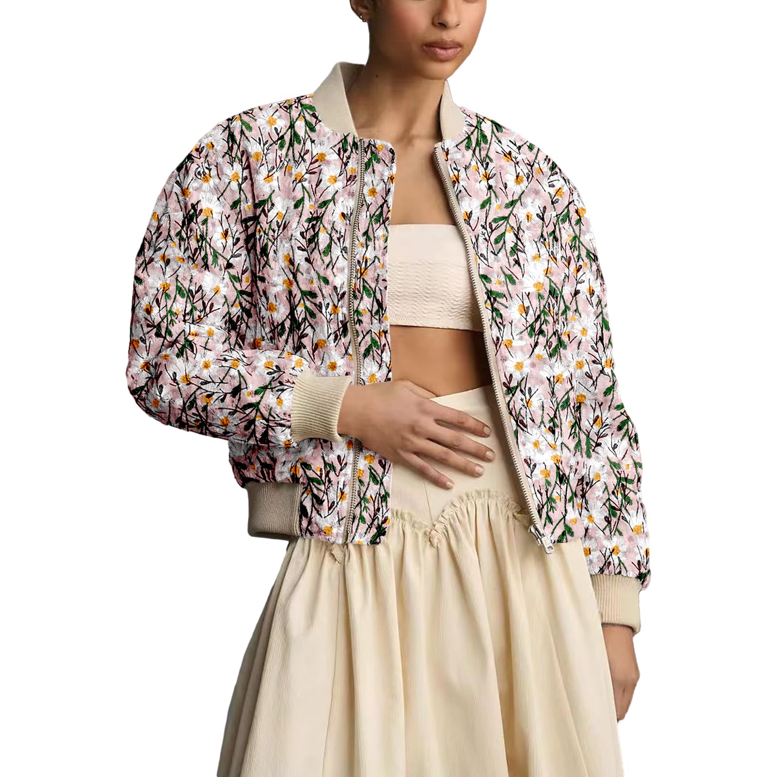 Blusão Shiyifa Embordado Daisy Cropped Bomber Feminino Rosa