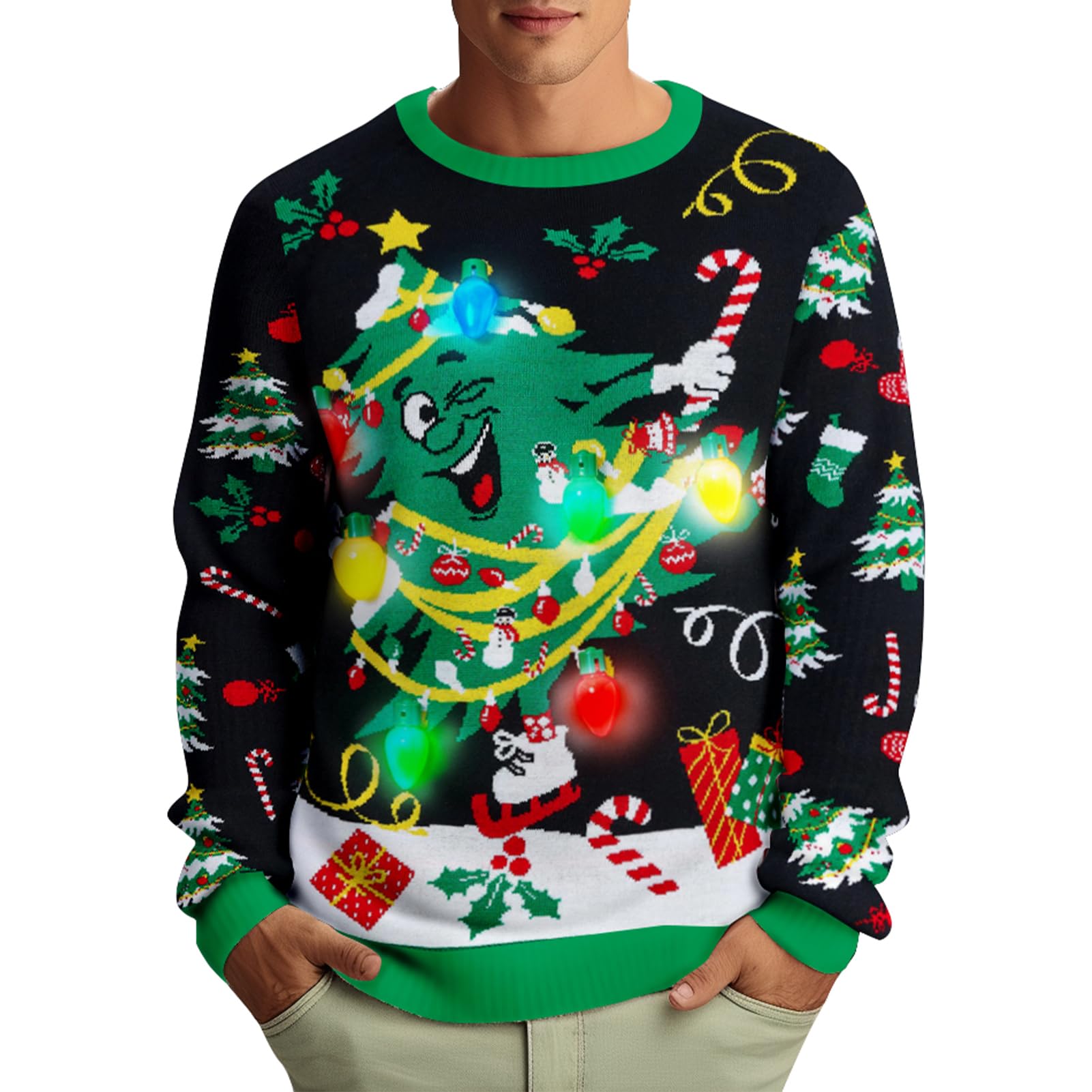 Suéter De Natal Zengents Light Up Ugly Pullover Com Luzes