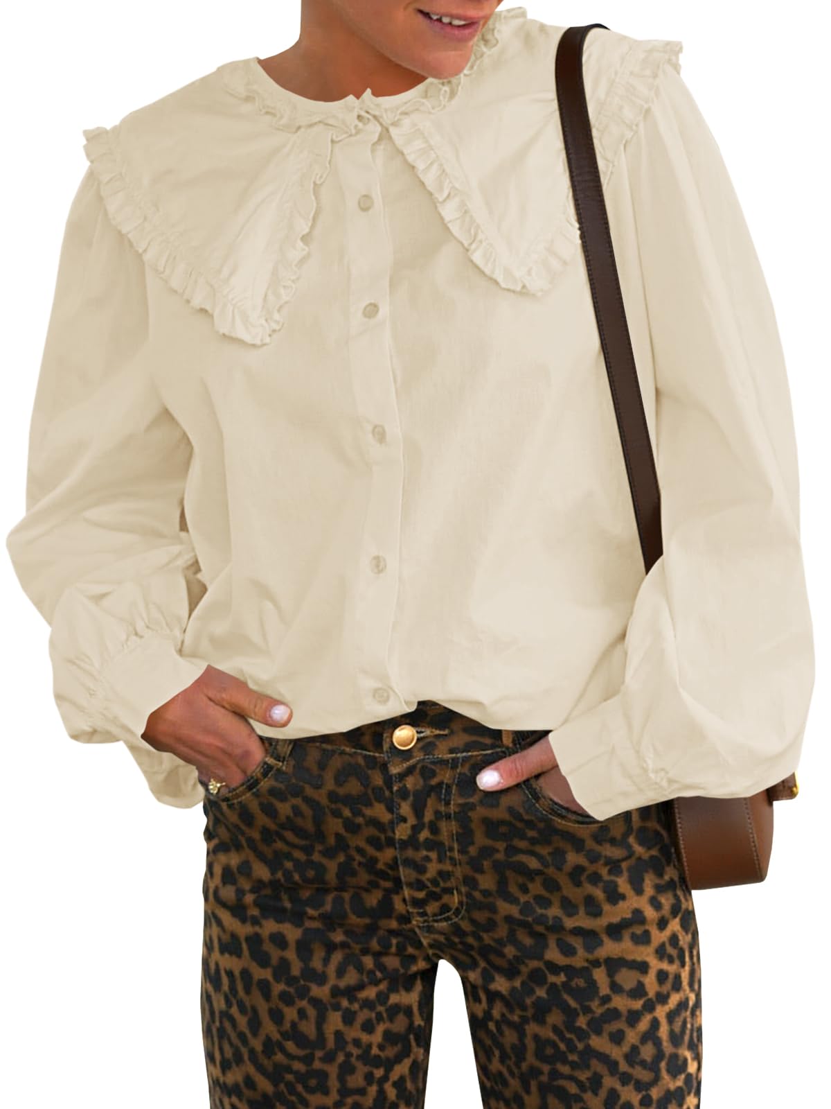 Blusa Feminina Tankaneo Com Botões, Manga Folhada, Algodão Bege