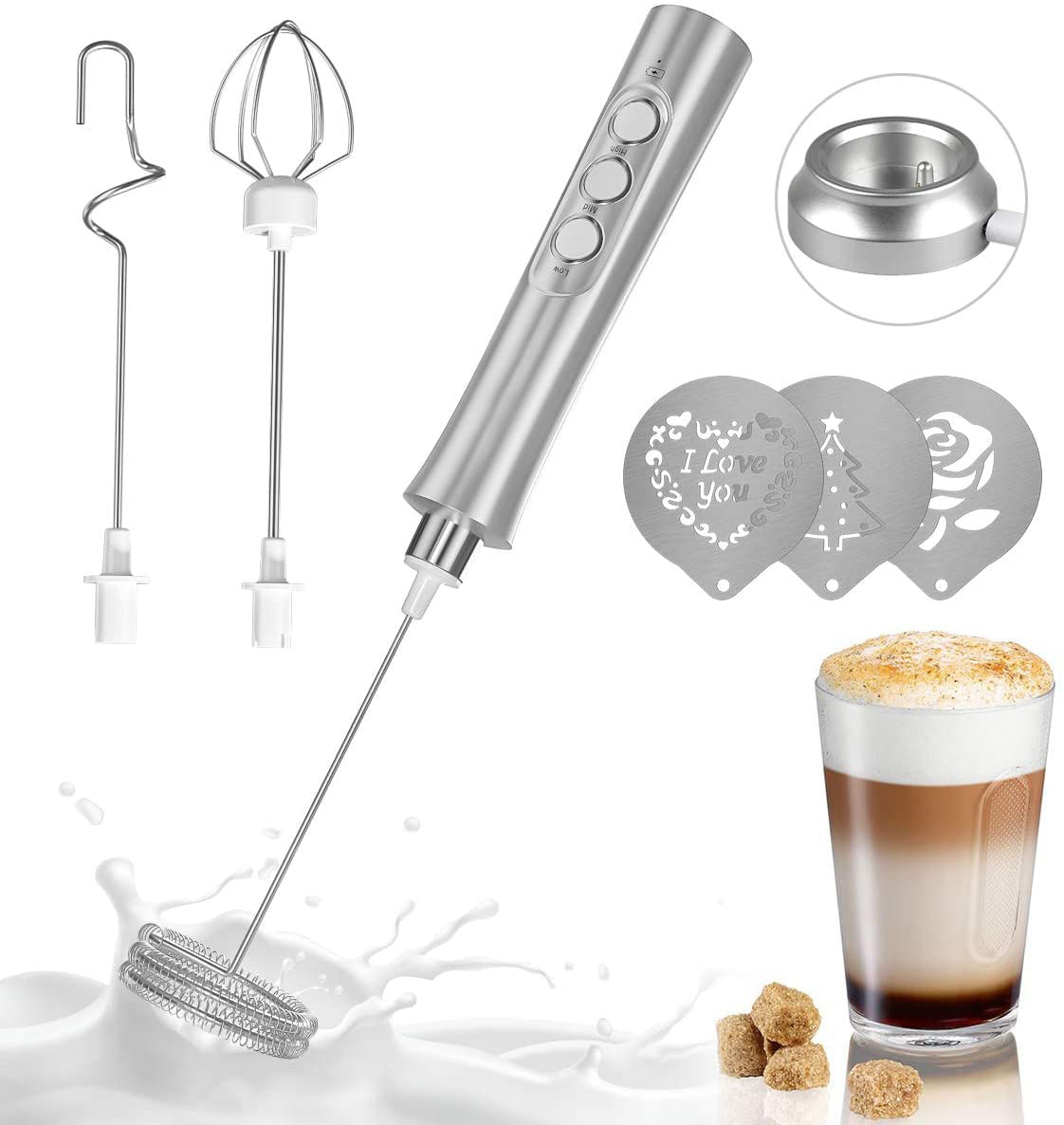 Usb Recarregável Handheld Milk Frother Com Chicotes Para Café