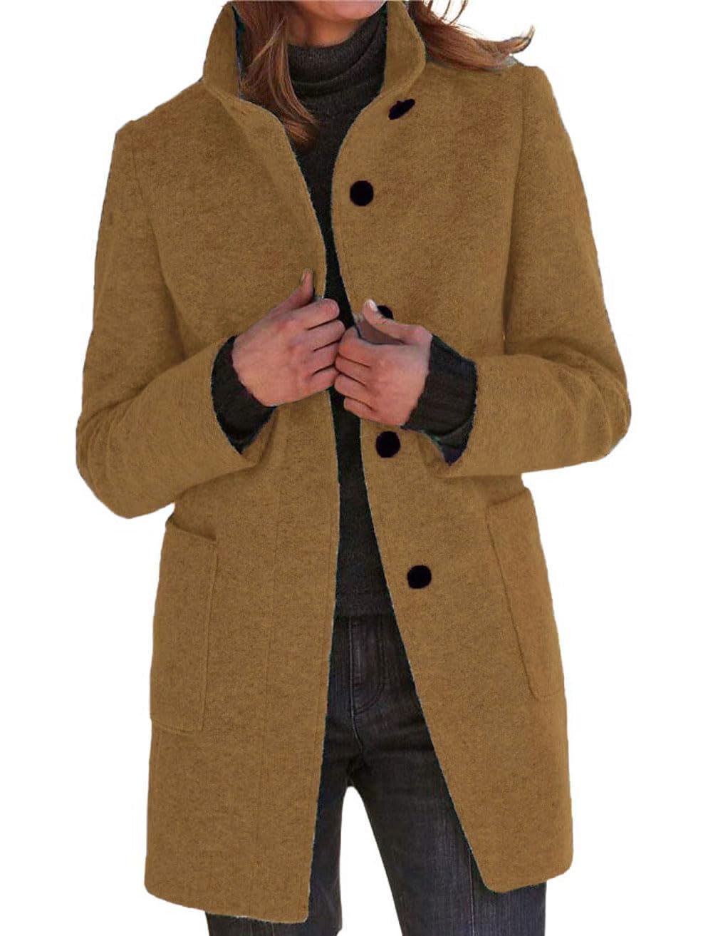 Casaco De Ervilha Chartou Feminino, Mistura De Lã De Inverno, Gola Alta, Camelo