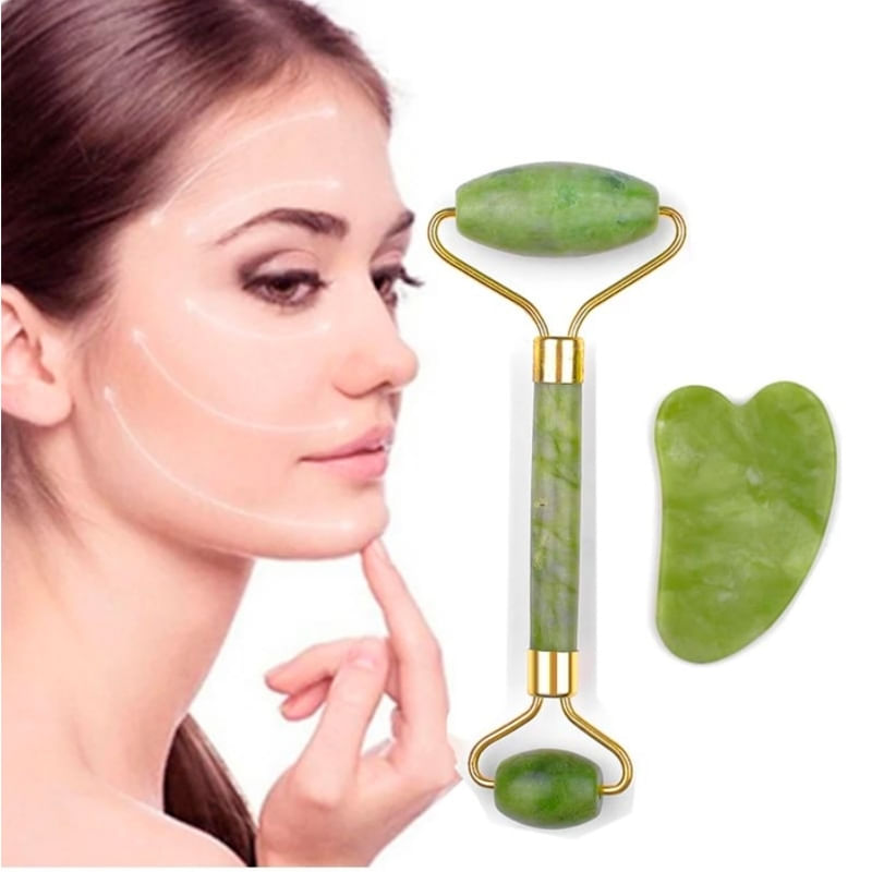 Massagem Facial Jade Roller + Stone Gua Sha Para Massagem Facial