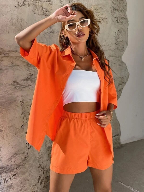 Conjunto De Roupas Generic Solid Off Shoulder Shoulder E Shorts - Laranja