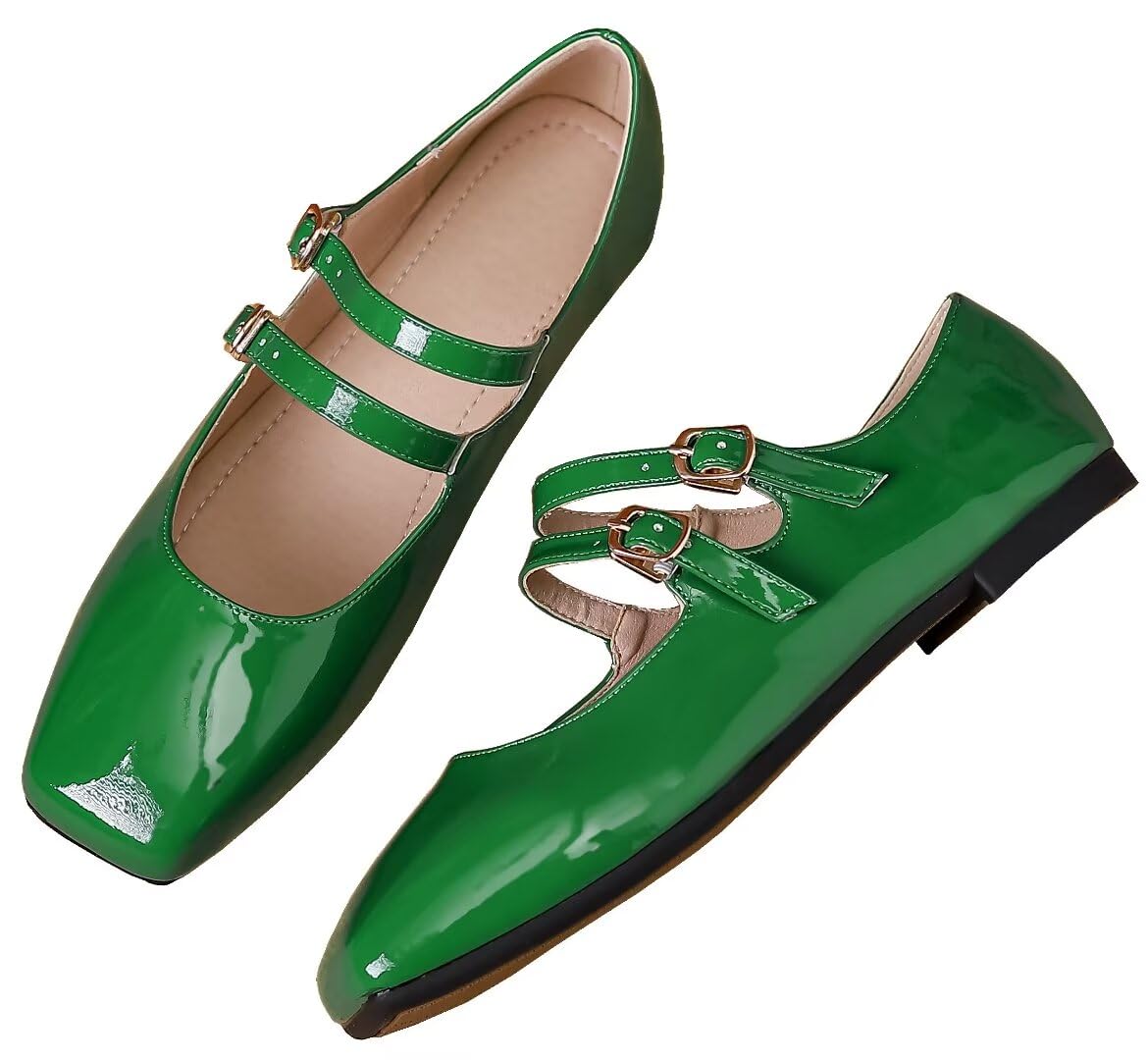 Mary Jane Flats Stunner, Bico Quadrado Vermelho, Verde 43 (10)