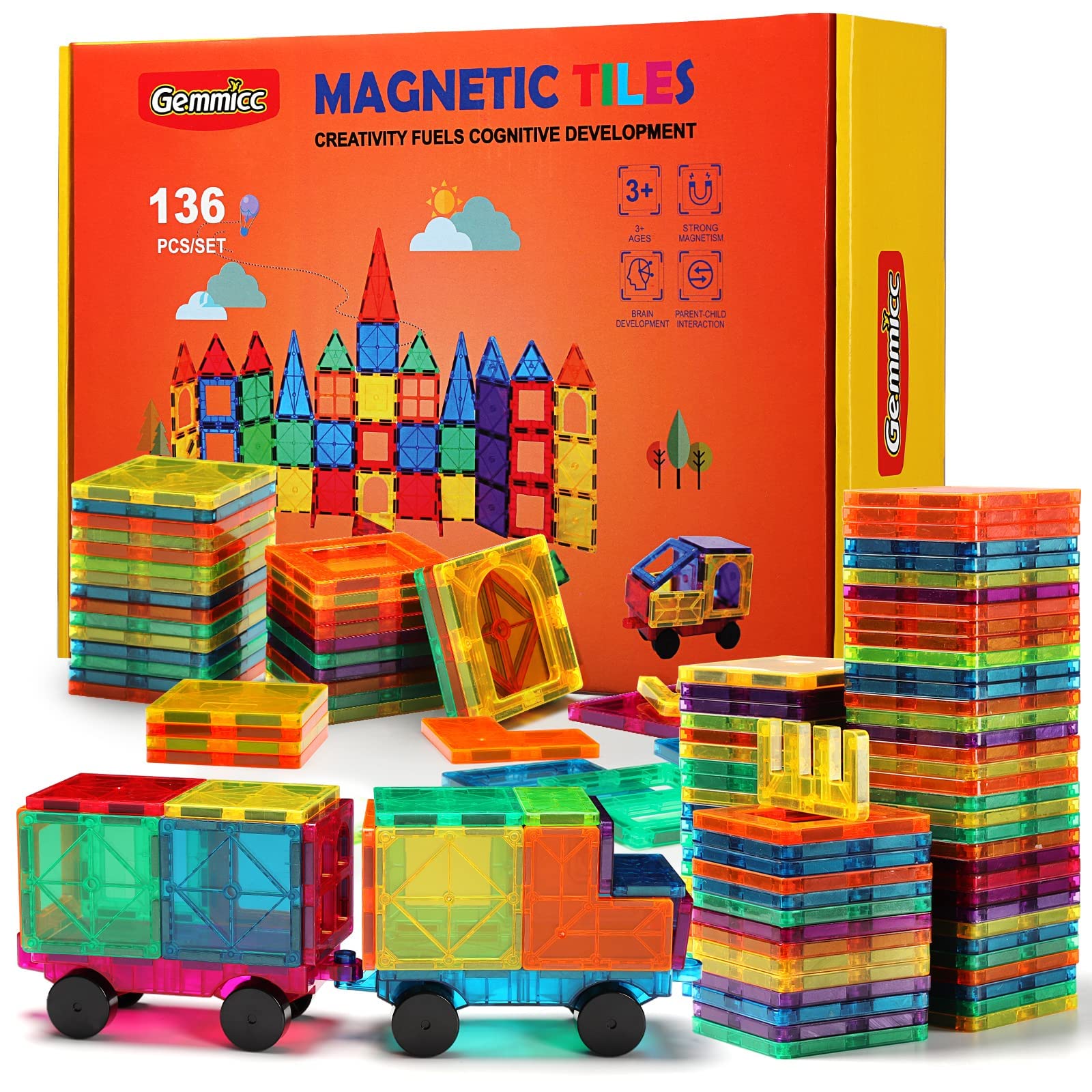 Blocos De Construção Gemmicc Magnetic Tiles Deluxe 136 Unidades Para Crianças