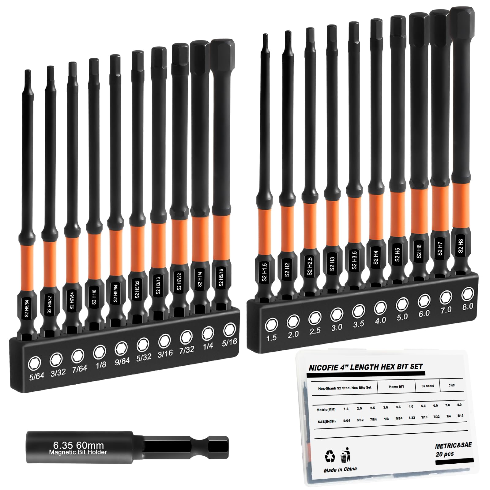 Conjunto De Brocas Hexagonais Nicofie Impact 4 Long Allen Wrench Drill, 20 Unidades