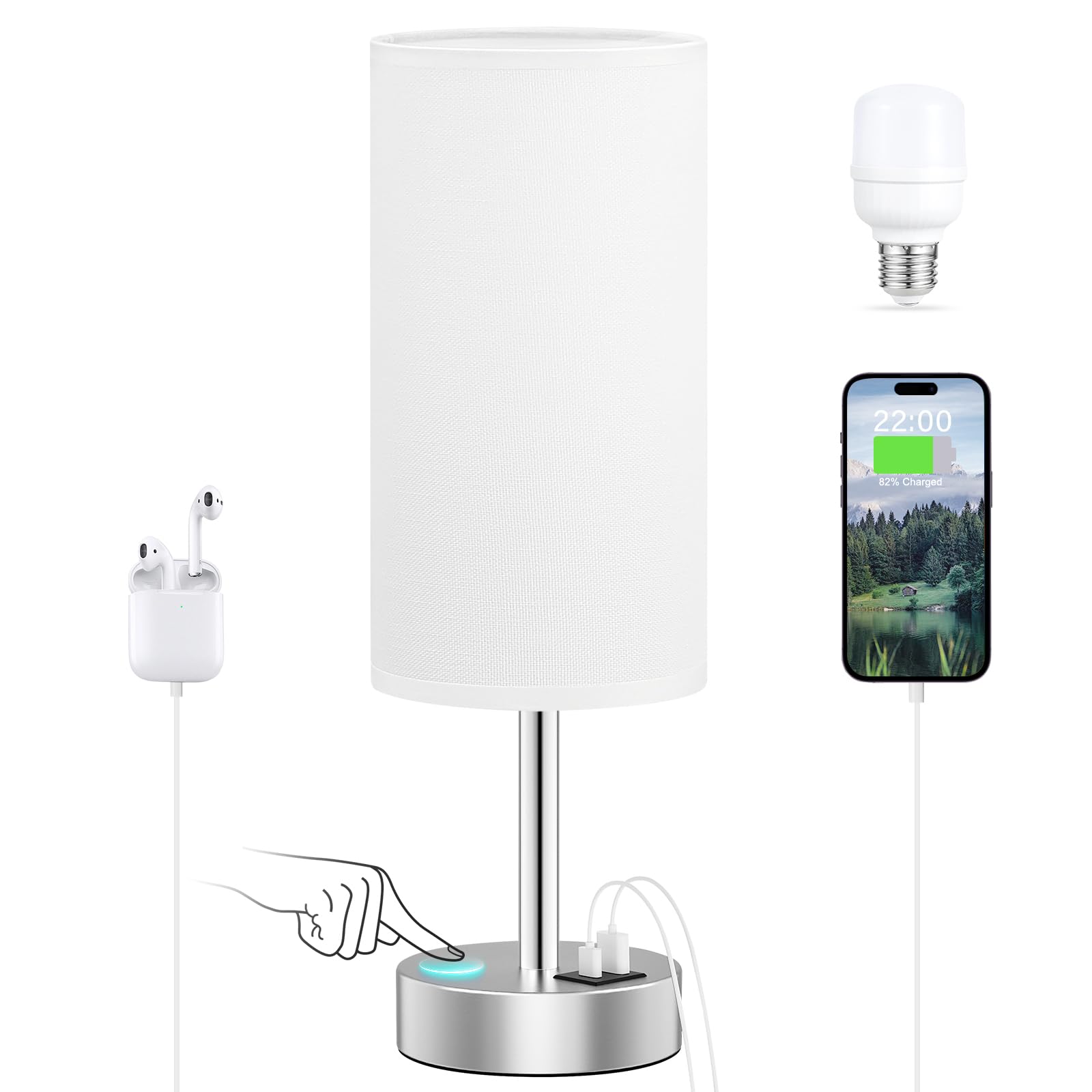 Lâmpada De Cabeceira Dicoool White Touch De 3 Vias Regulável Com Porta Usb