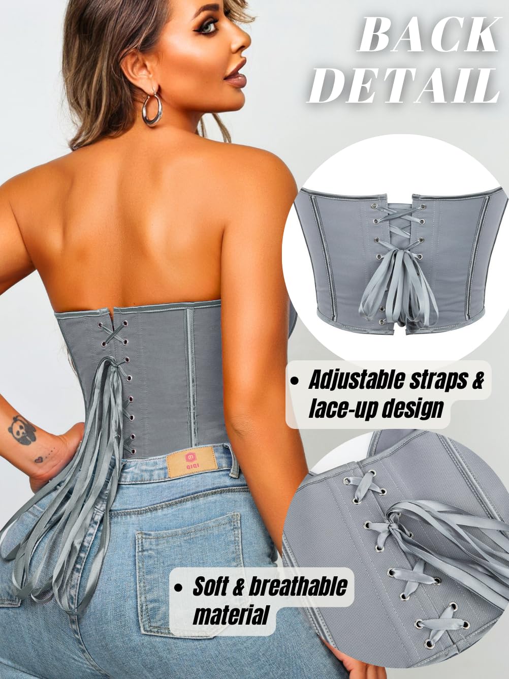 Corset Top Chiaolezhee Heart Overbust Bustier Para Mulheres, Cinza