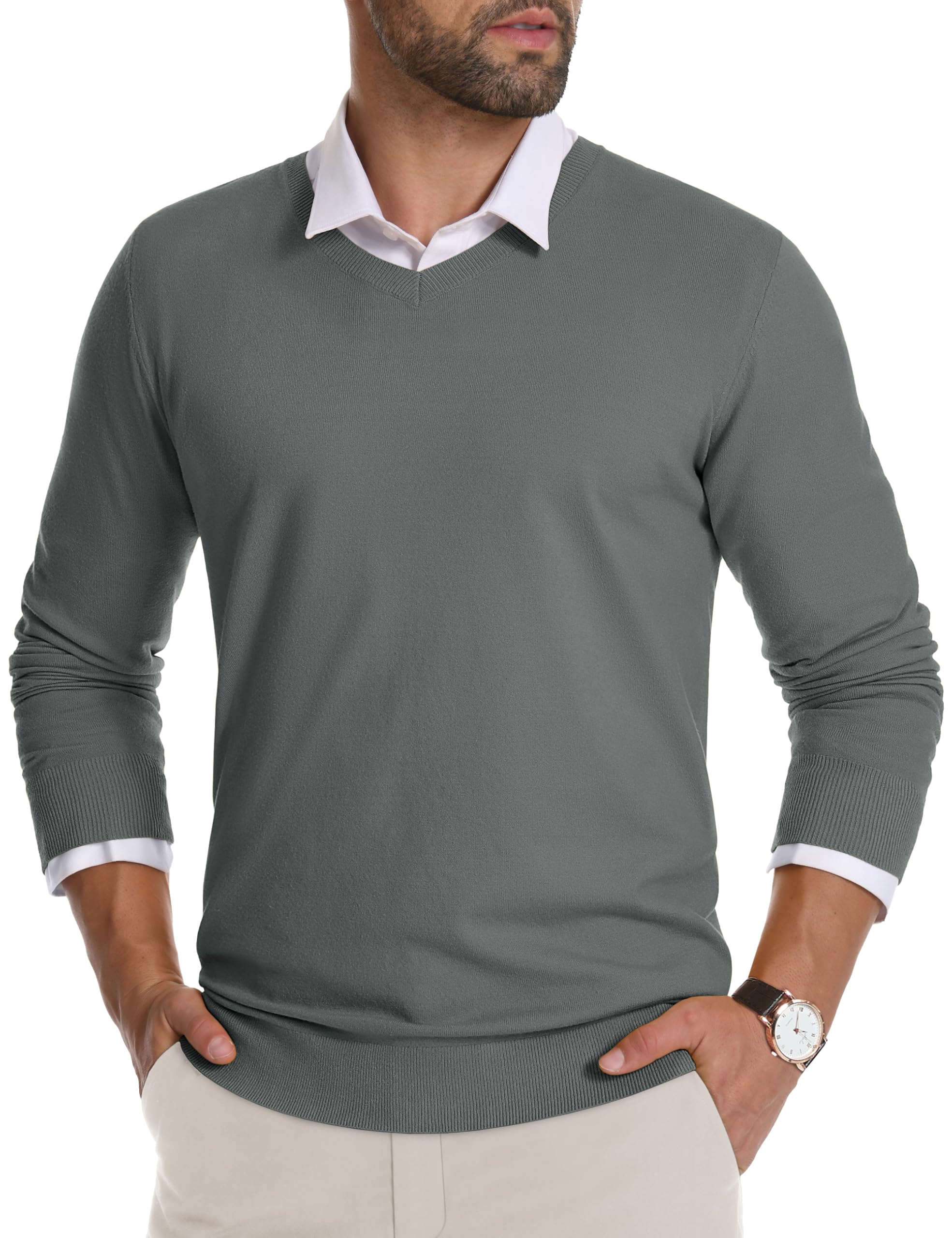 Suéter Masculino Com Decote Em V, Pulôver Tricotado Crysully, Verde Militar L