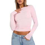 Crop Top Franhais Feminino De Manga Comprida E Gola Redonda Rosa Claro