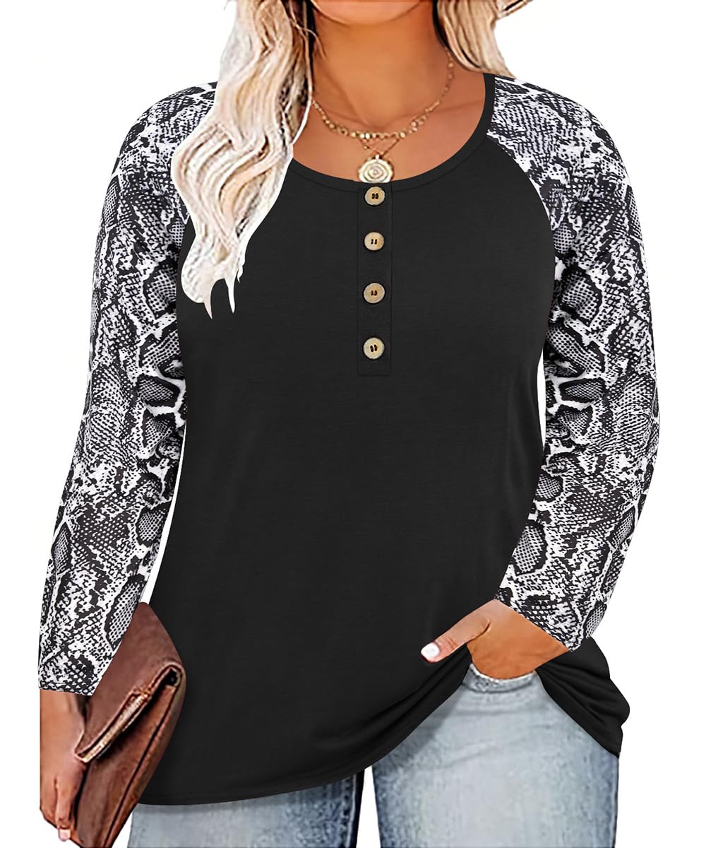Blusa Feminina Ritera Plus Size De Outono, Manga Comprida, Preta Henley, 4gg