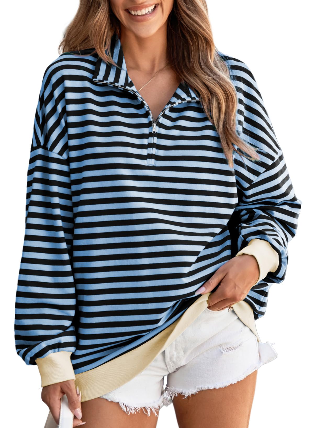 Moletom Evaless Oversized Para Mulheres Listrado Azul De Algodão