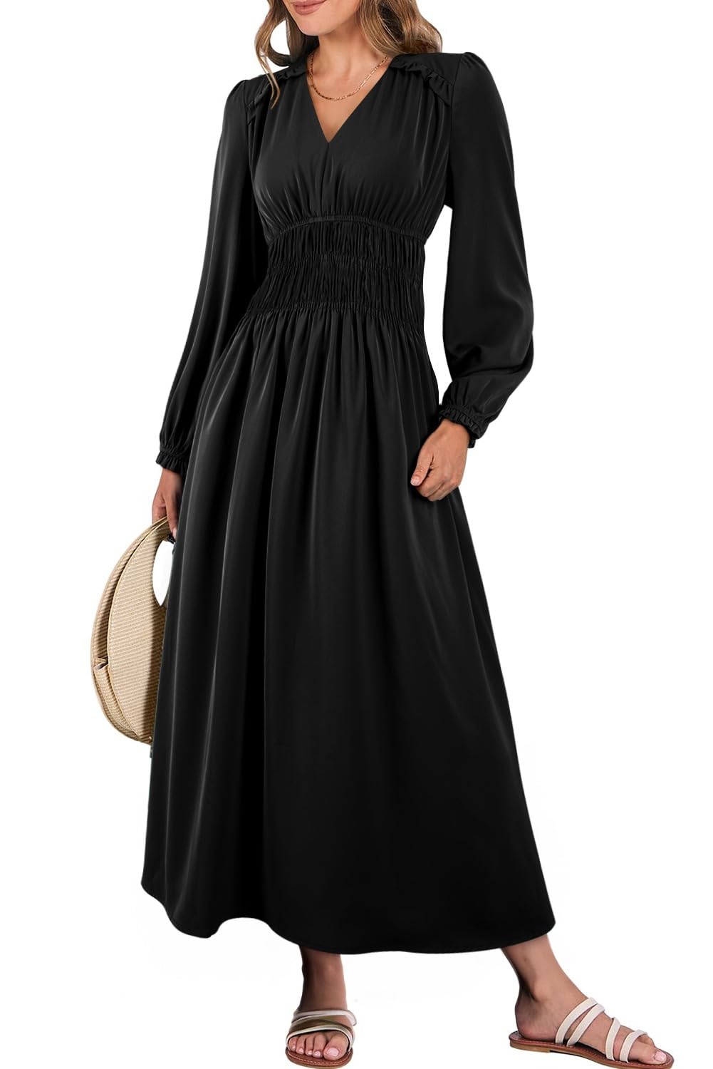 Vestido Feminino Blencot, Casual, Com Babados, Decote Em V, Em Camadas, Preto Esvoaçante